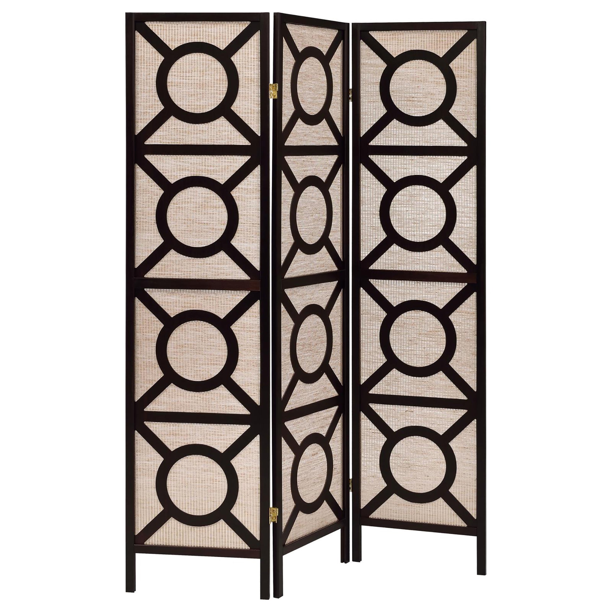 Dark wood room divider with woven panels and geometric circle cutouts