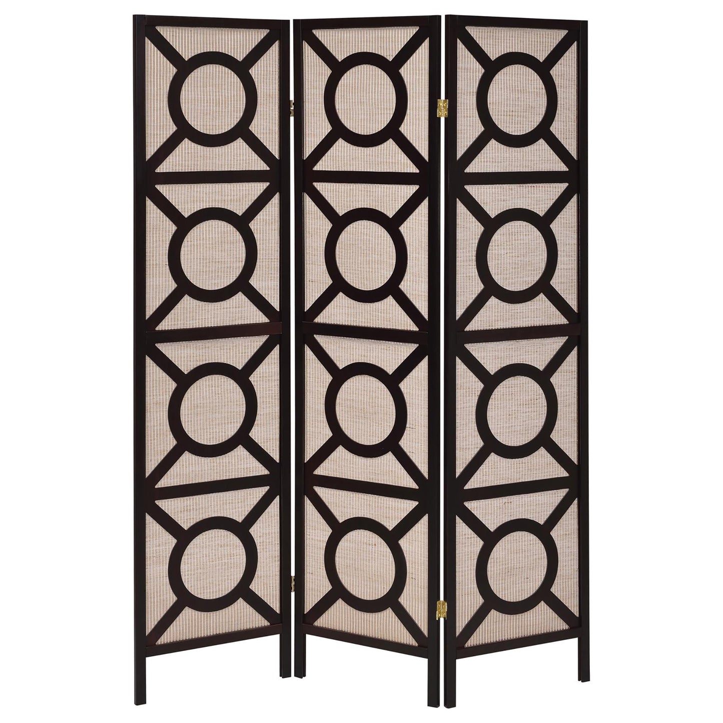Threepanel dark wood room divider with geometric circular cutouts and natural woven inserts