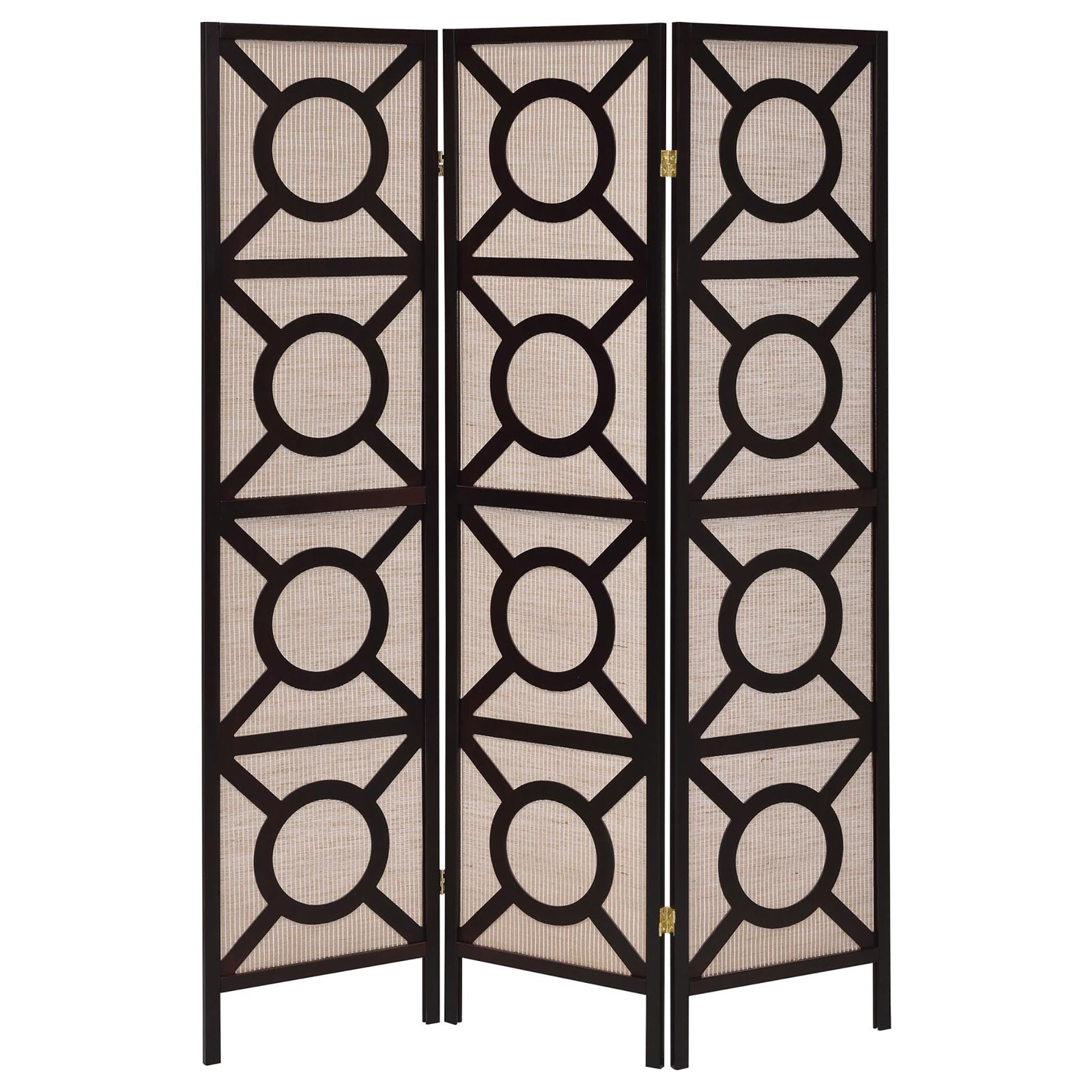 Threepanel dark wood room divider with geometric circular cutouts and natural woven inserts