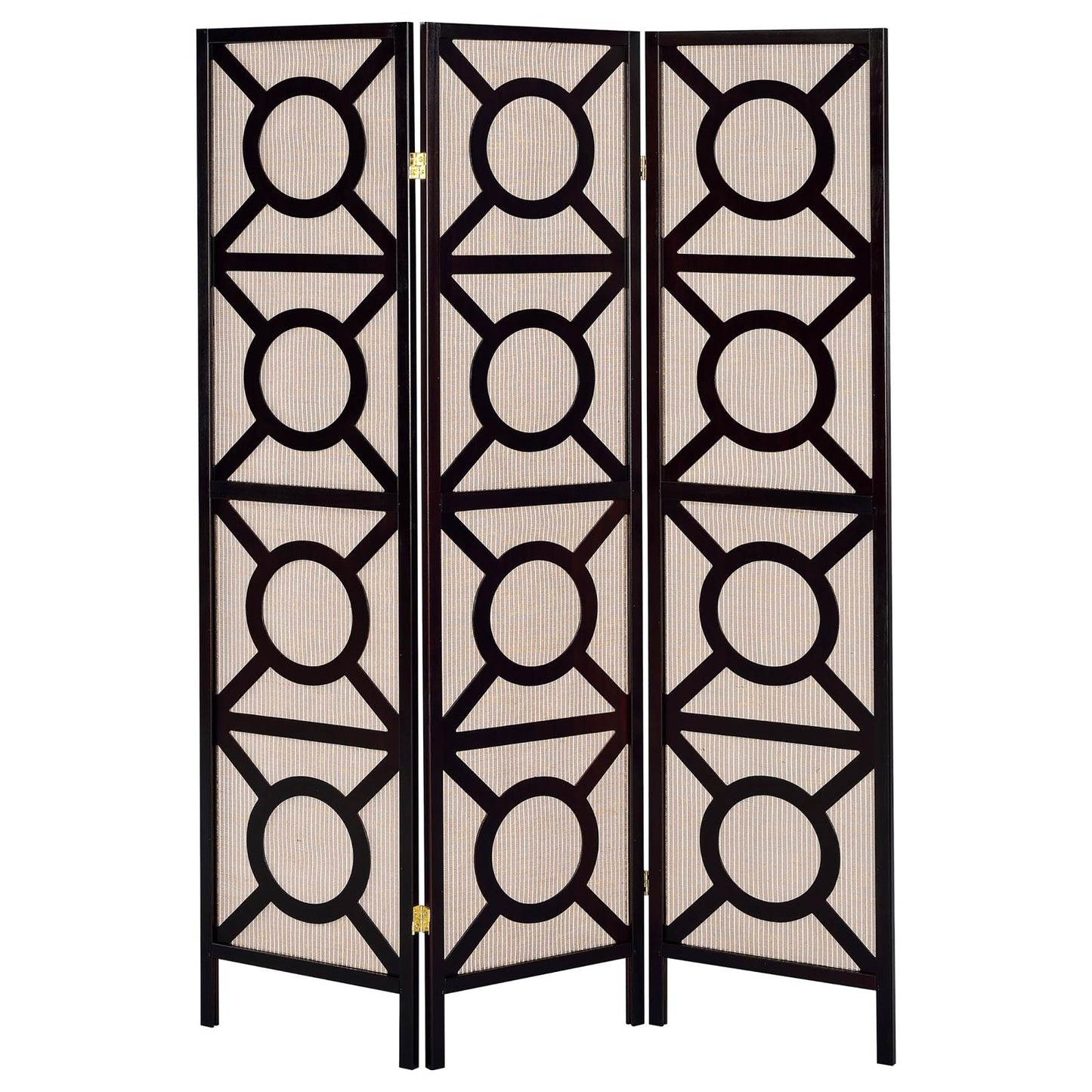 Dark wood folding screen with geometric cutouts and light fabric backing