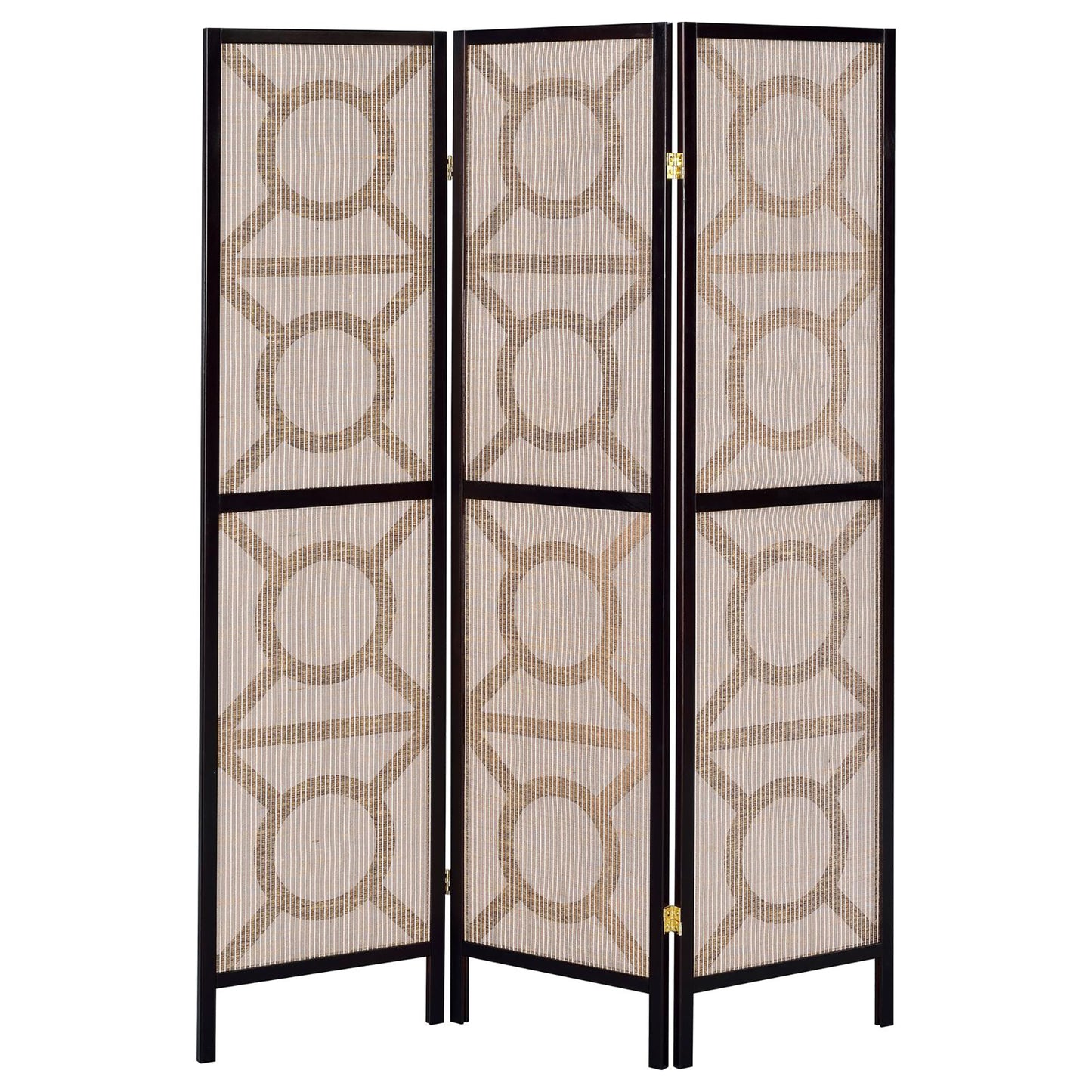 Brown wood panel room divider with cream fabric and geometric pattern