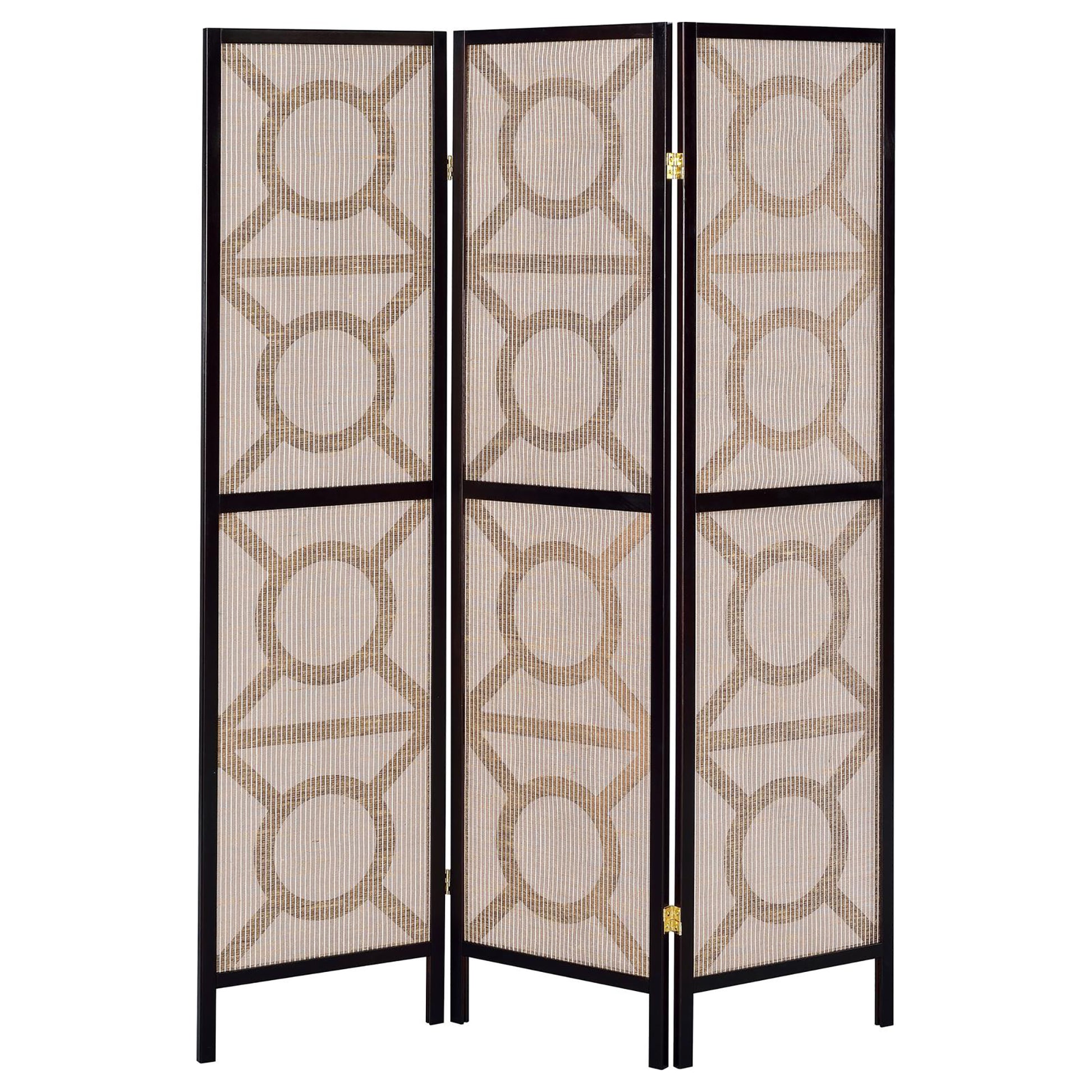 Brown wood panel room divider with cream fabric and geometric pattern