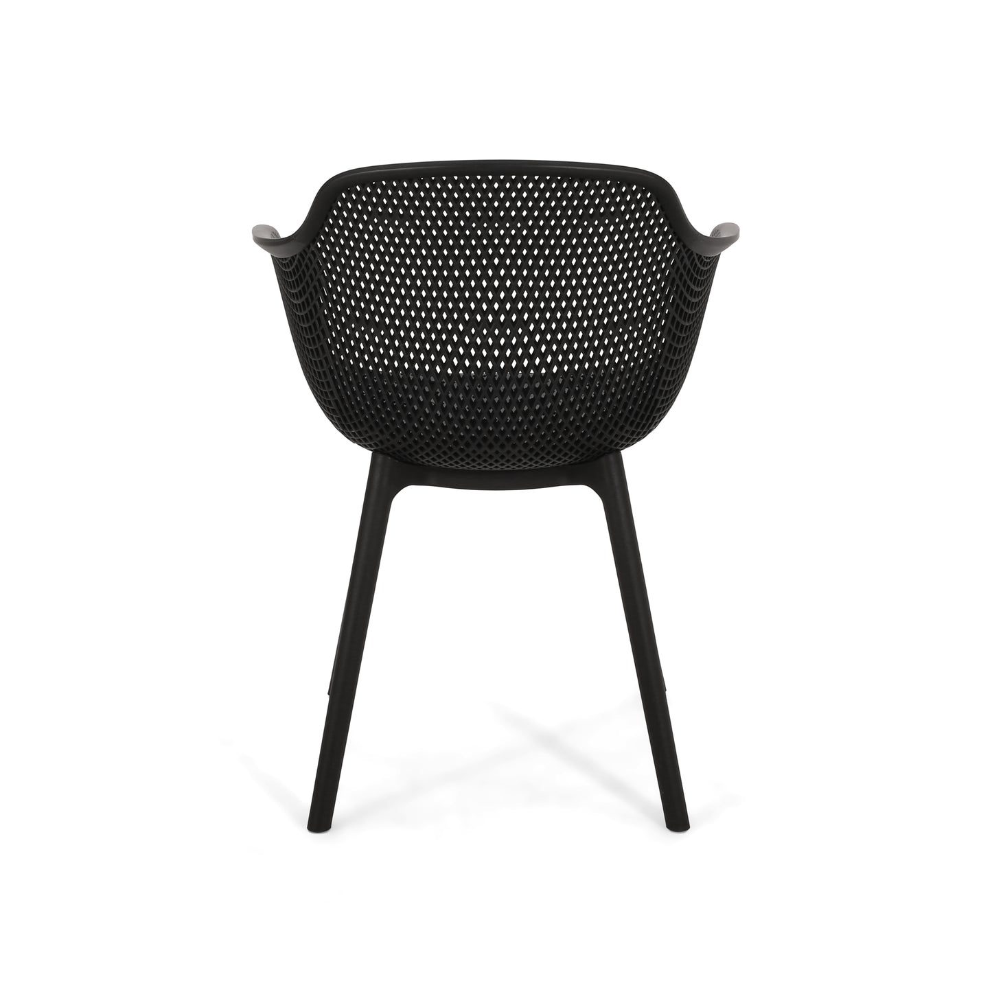 Black modern dining chair with a perforated seat and back for outdoor use