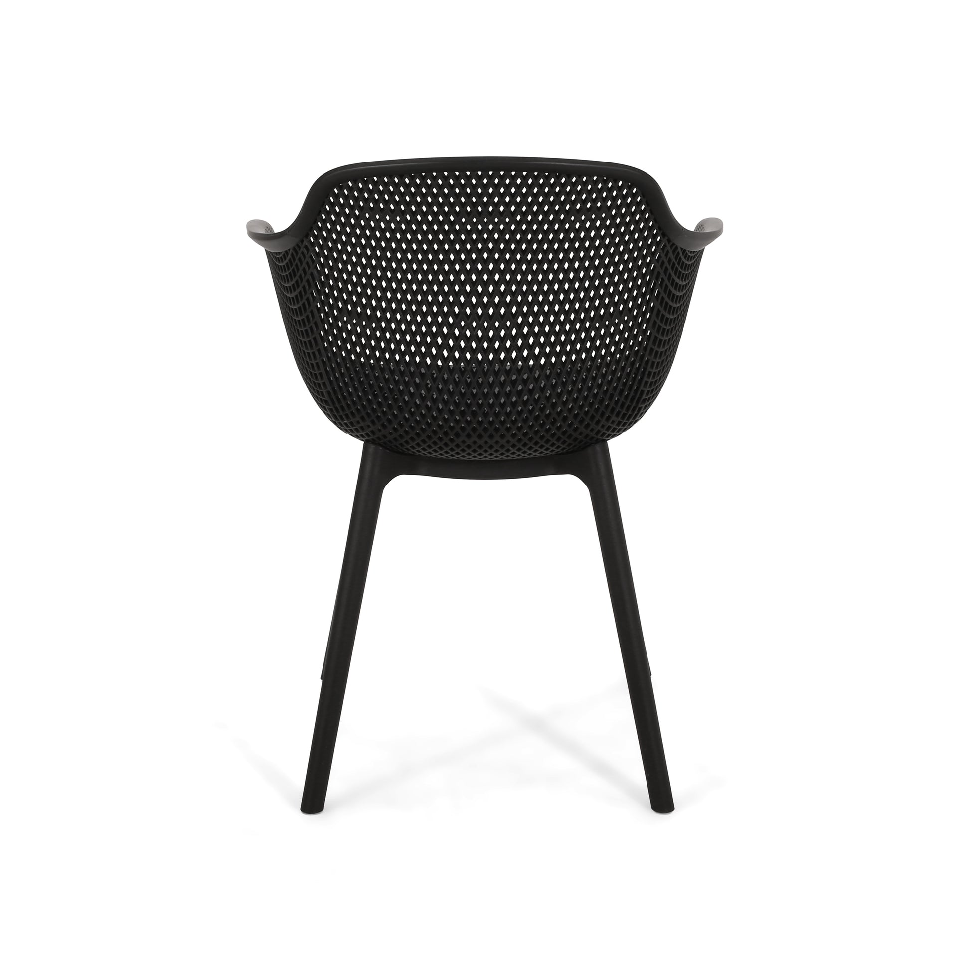 Black modern dining chair with a perforated seat and back for outdoor use