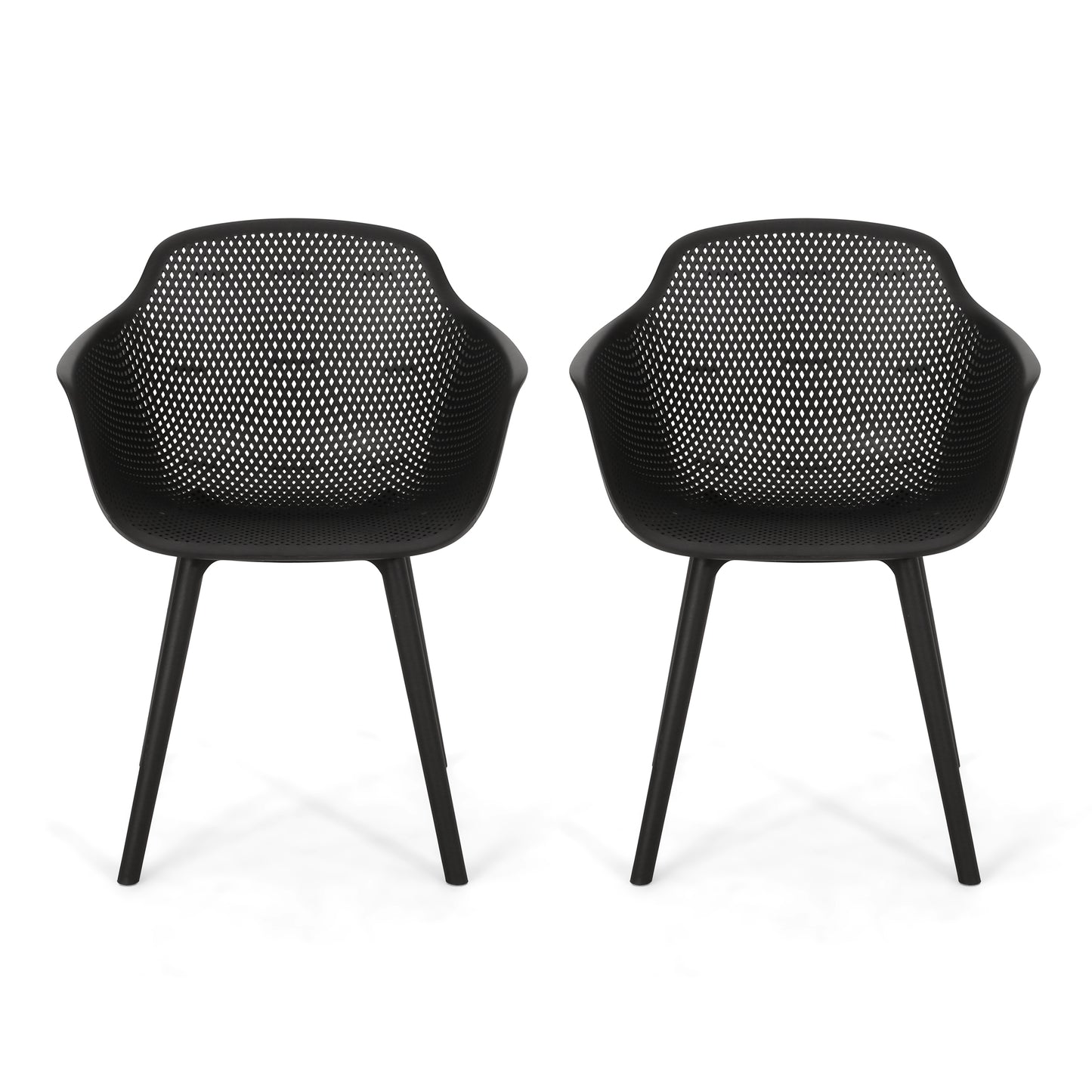 Two black modern outdoor chairs with perforated seats and armrests on white background