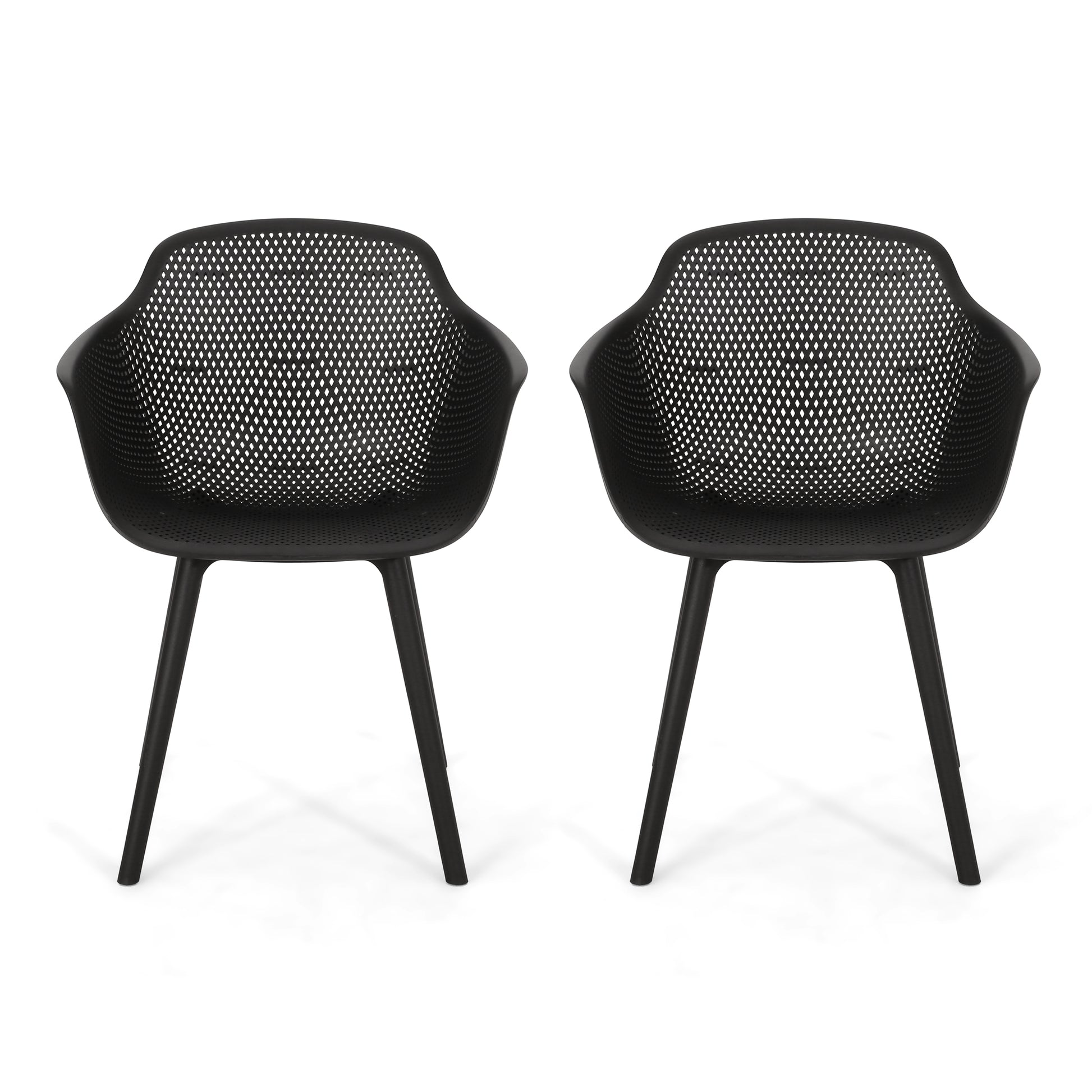Two black modern outdoor chairs with perforated seats and armrests on white background