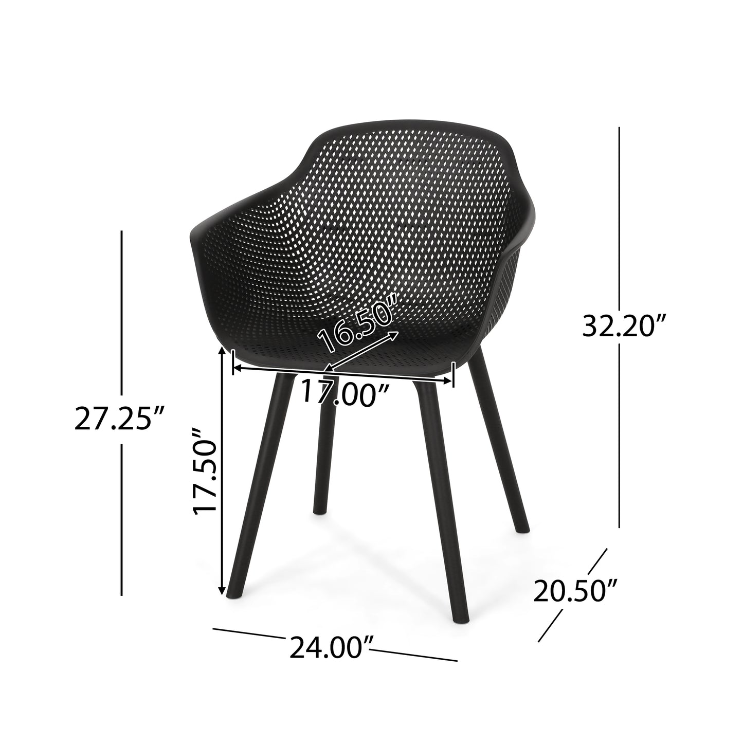 Modern black outdoor chair with diamondpatterned seat and tapered legs for patio use