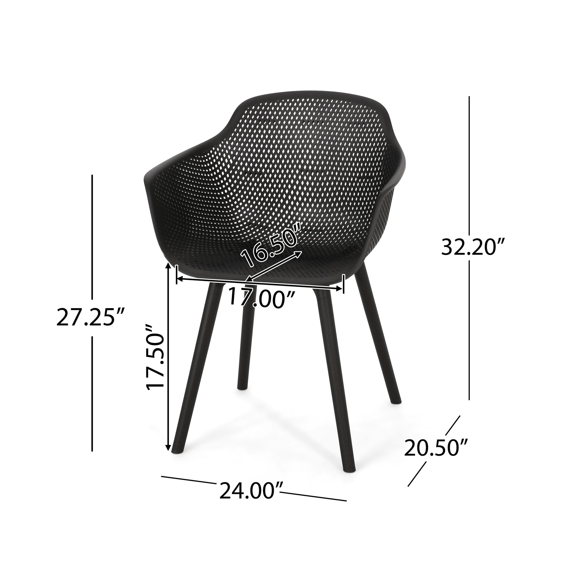 Modern black outdoor chair with diamondpatterned seat and tapered legs for patio use