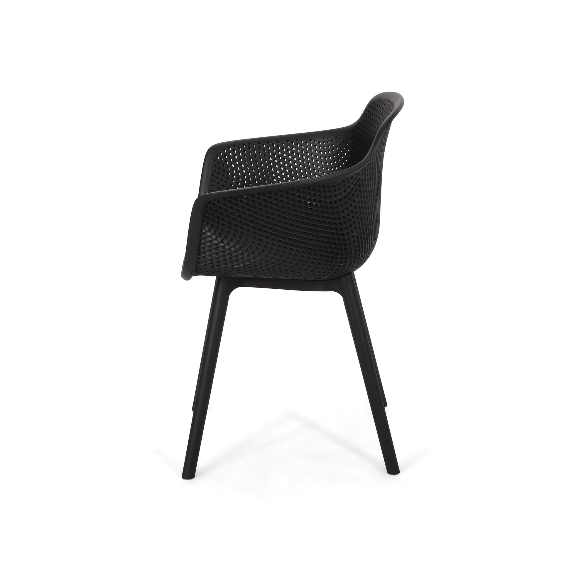 Black modern outdoor chair with a perforated seat and back