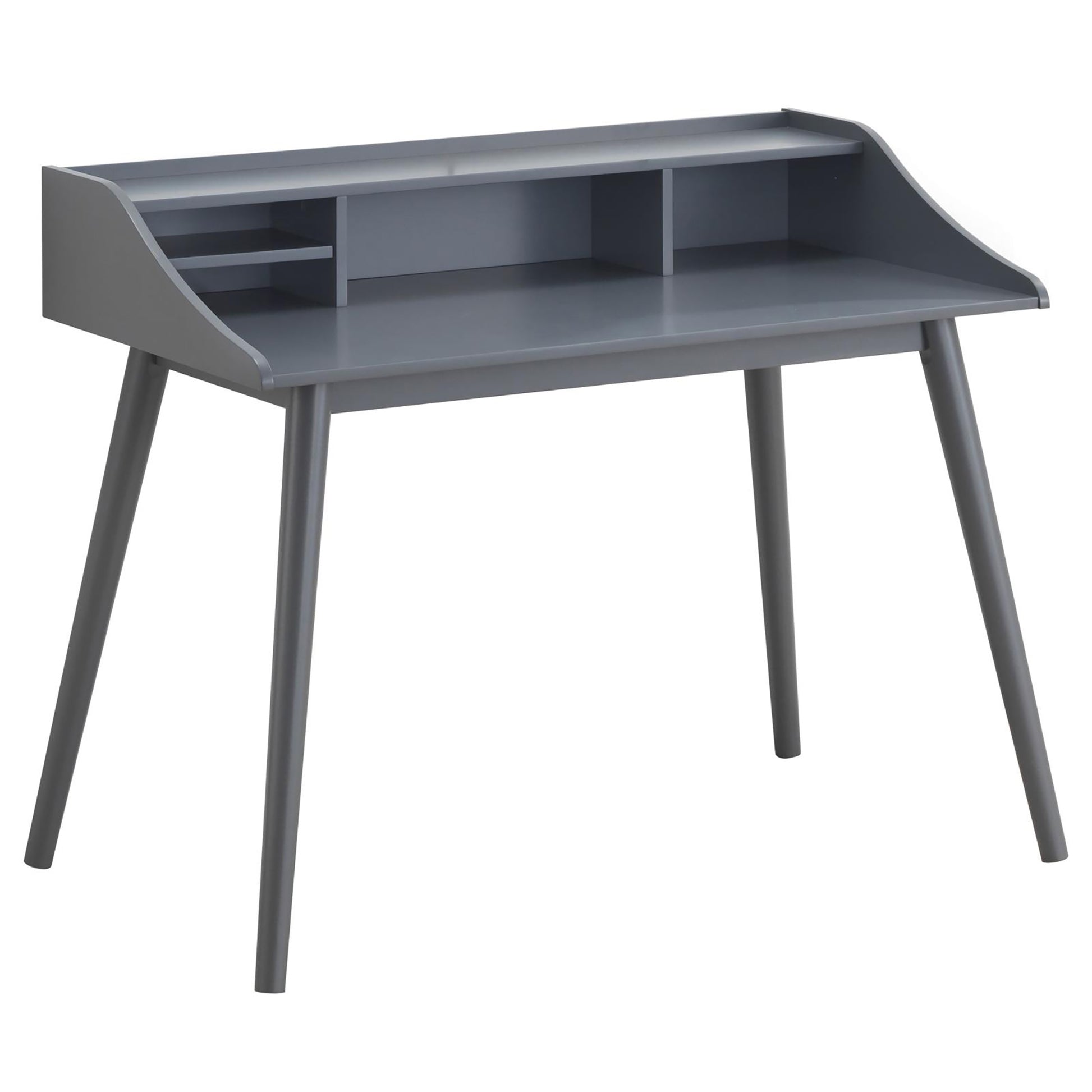 Grey wooden secretary desk with multiple compartments and tapered legs