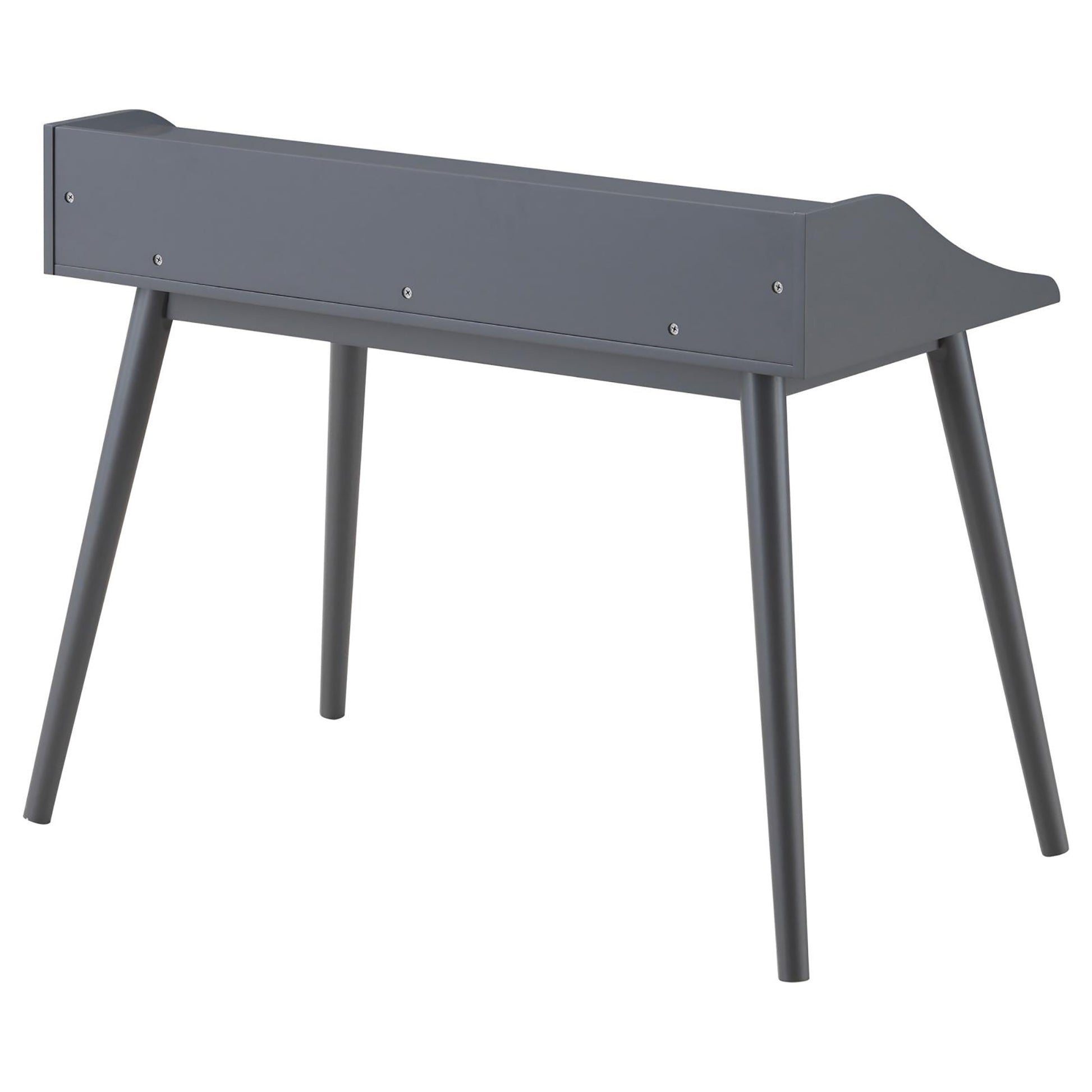 Modern grey writing desk with tapered legs and a sleek curved top edge