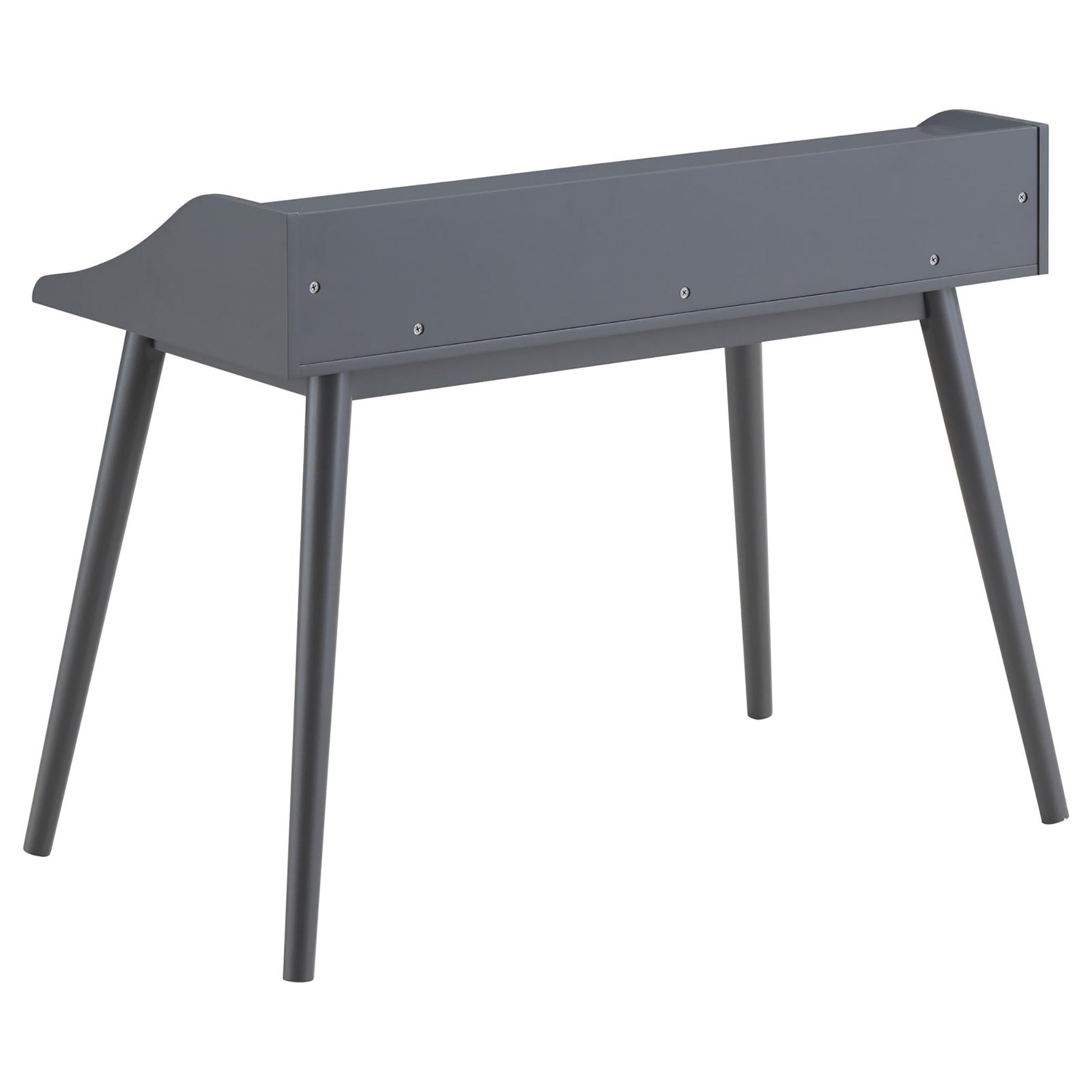 Dark gray modern writing desk with tapered legs and a curved front edge