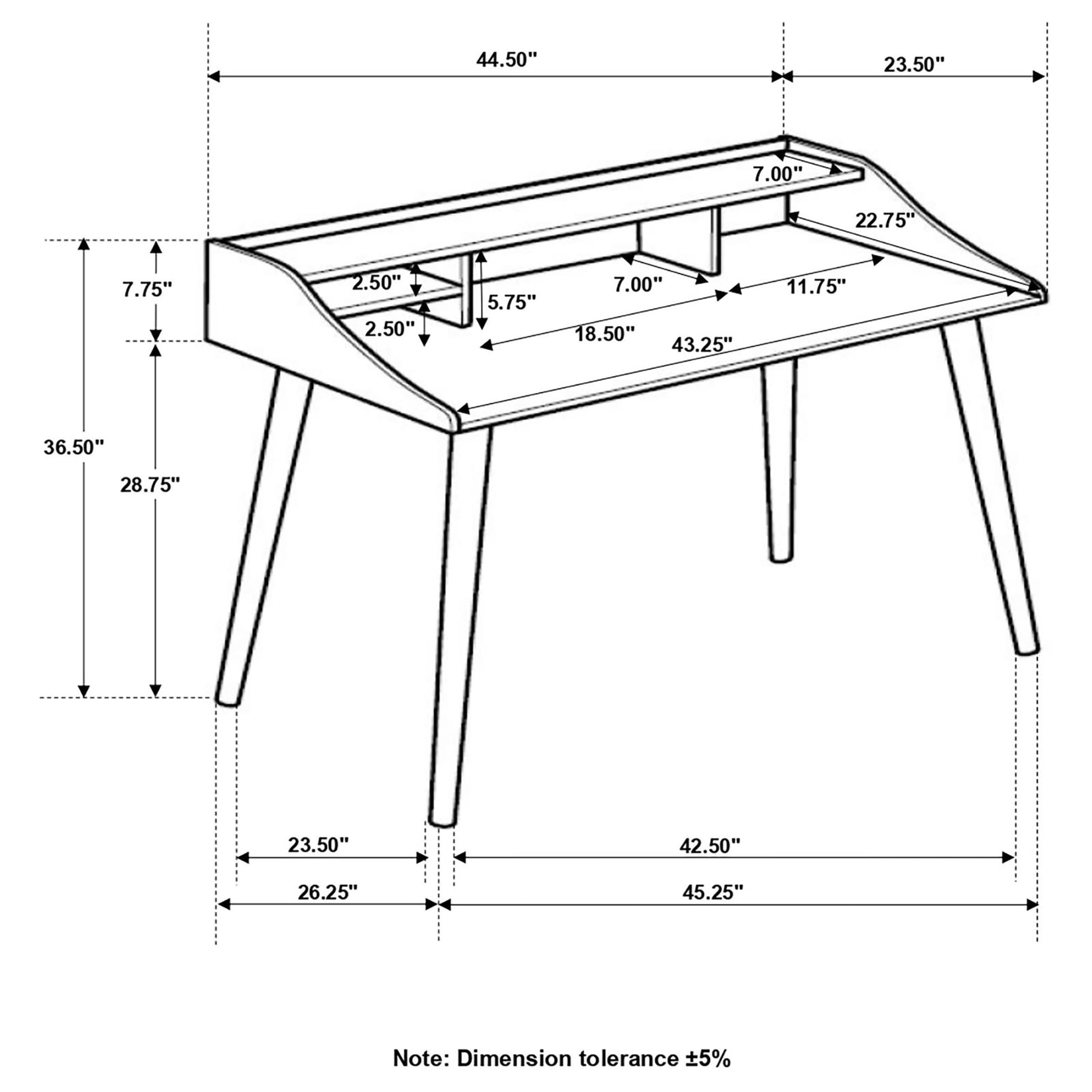 Technical drawing of a modern writing desk with dimensions shown perfect for home offices