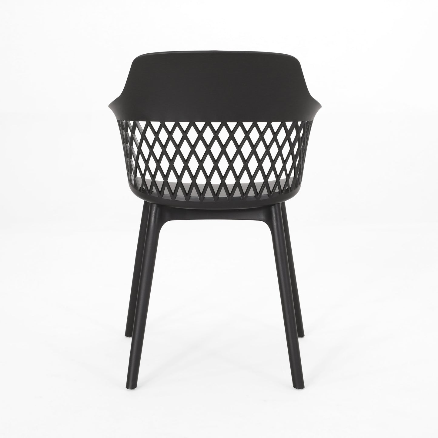 Modern black outdoor chair with a woven diamond pattern backrest