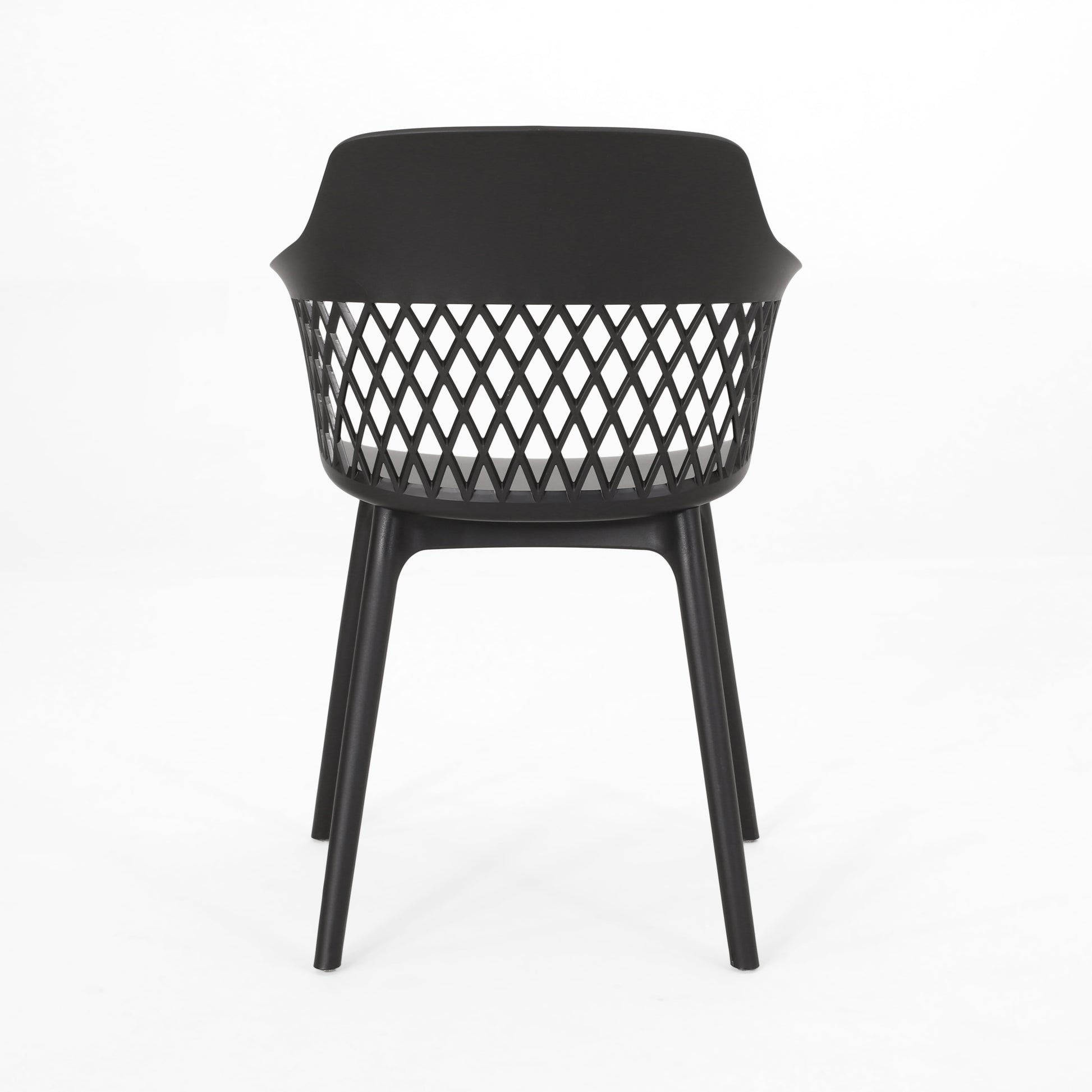 Modern black outdoor chair with a woven diamond pattern backrest
