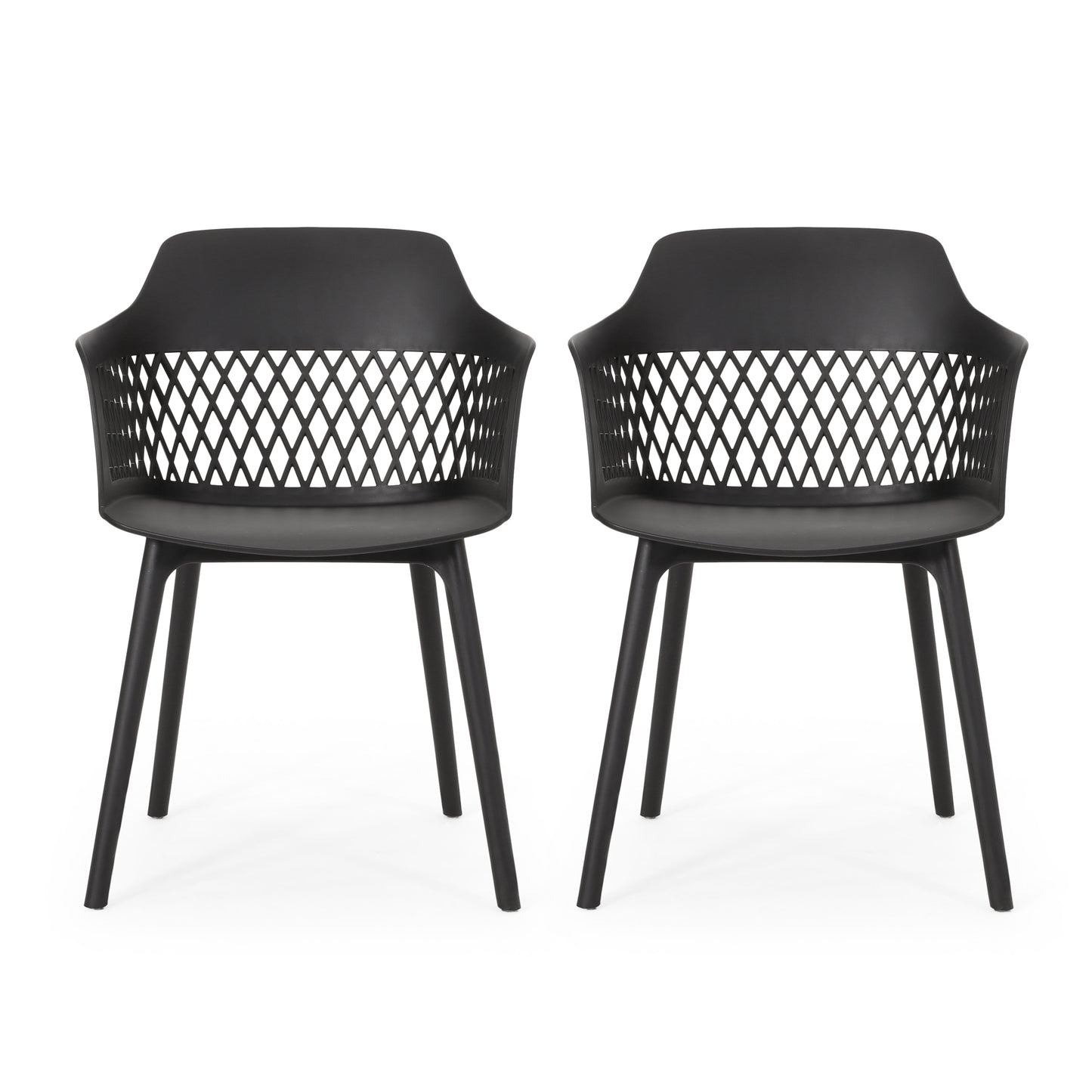Two black modern armchairs with diamondpatterned backs for patio seating