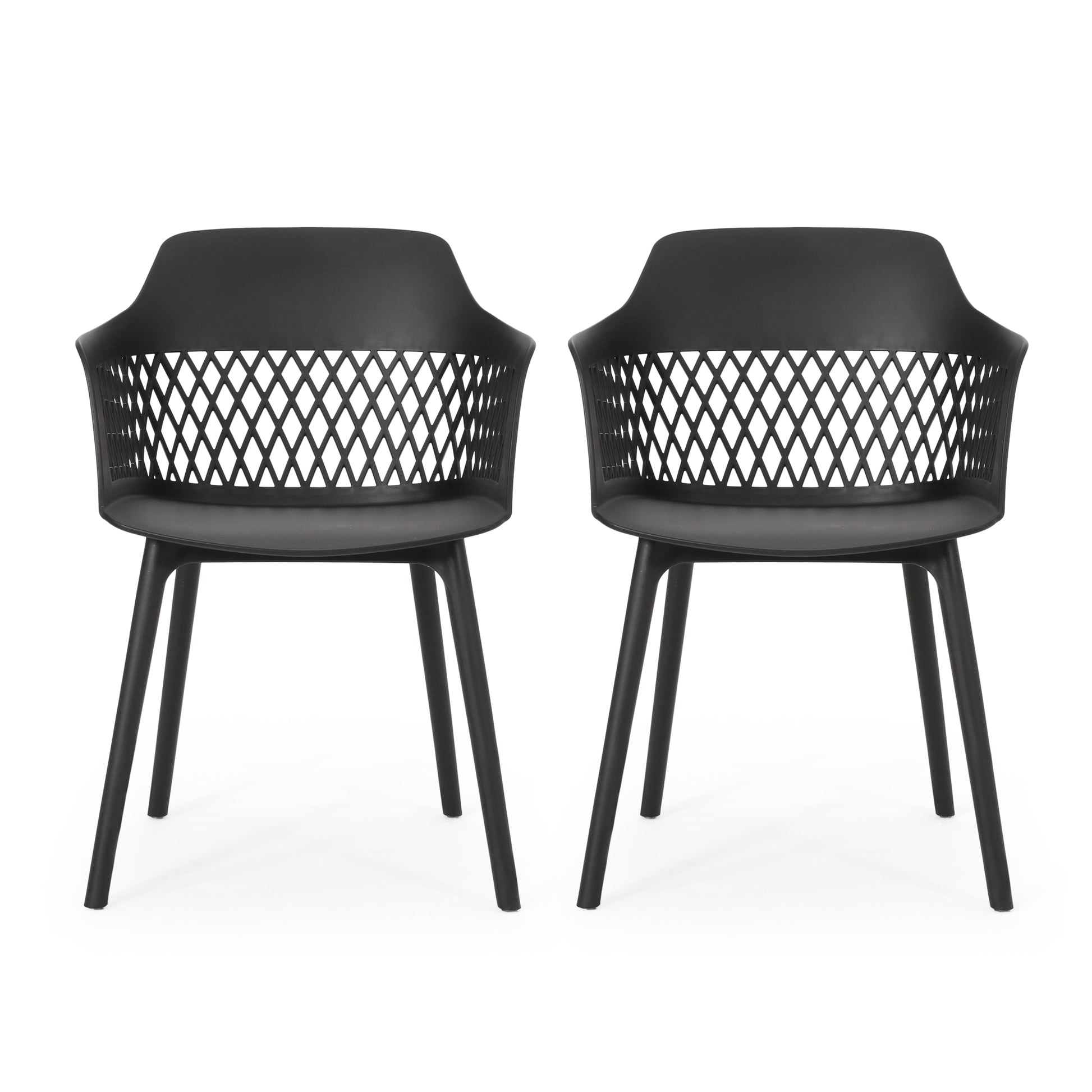 Two black modern armchairs with diamondpatterned backs for patio seating