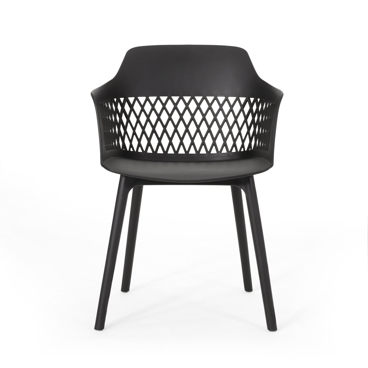 Modern black armchair with intricate diamond pattern backrest perfect for contemporary spaces