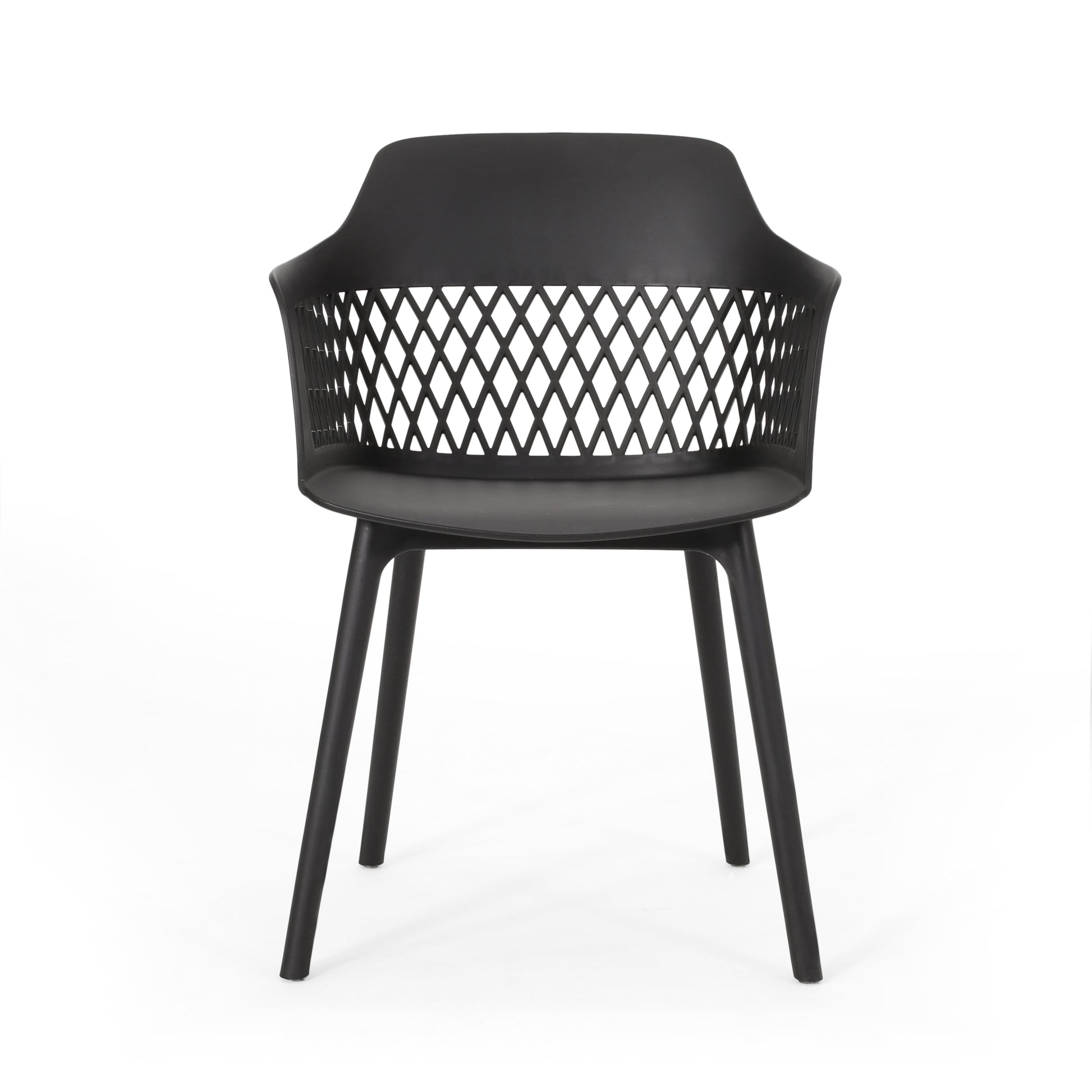 Modern black armchair with intricate diamond pattern backrest perfect for contemporary spaces