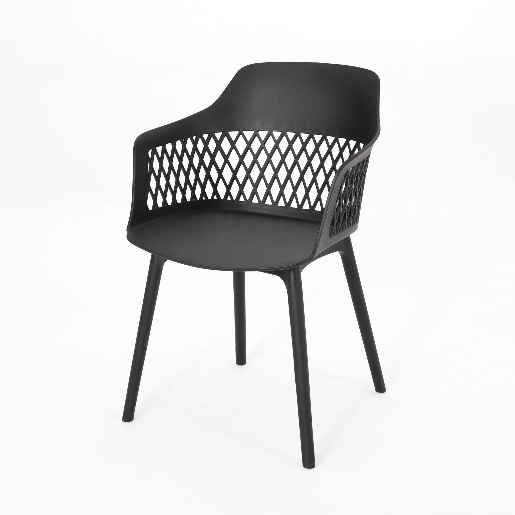 Black plastic armchair with diamondpatterned backrest and armrests for modern outdoor seating