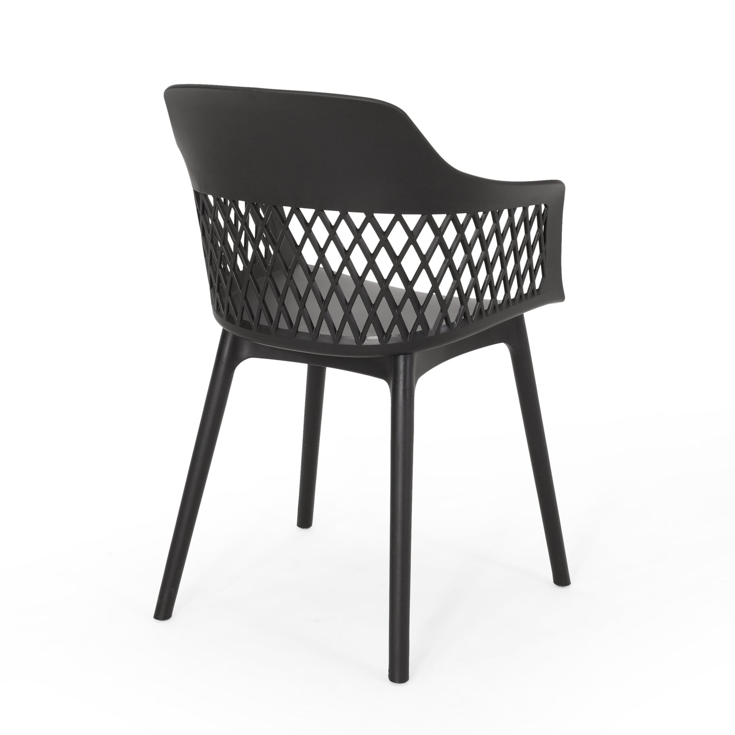 Black modern plastic dining chair with open diamond backrest design