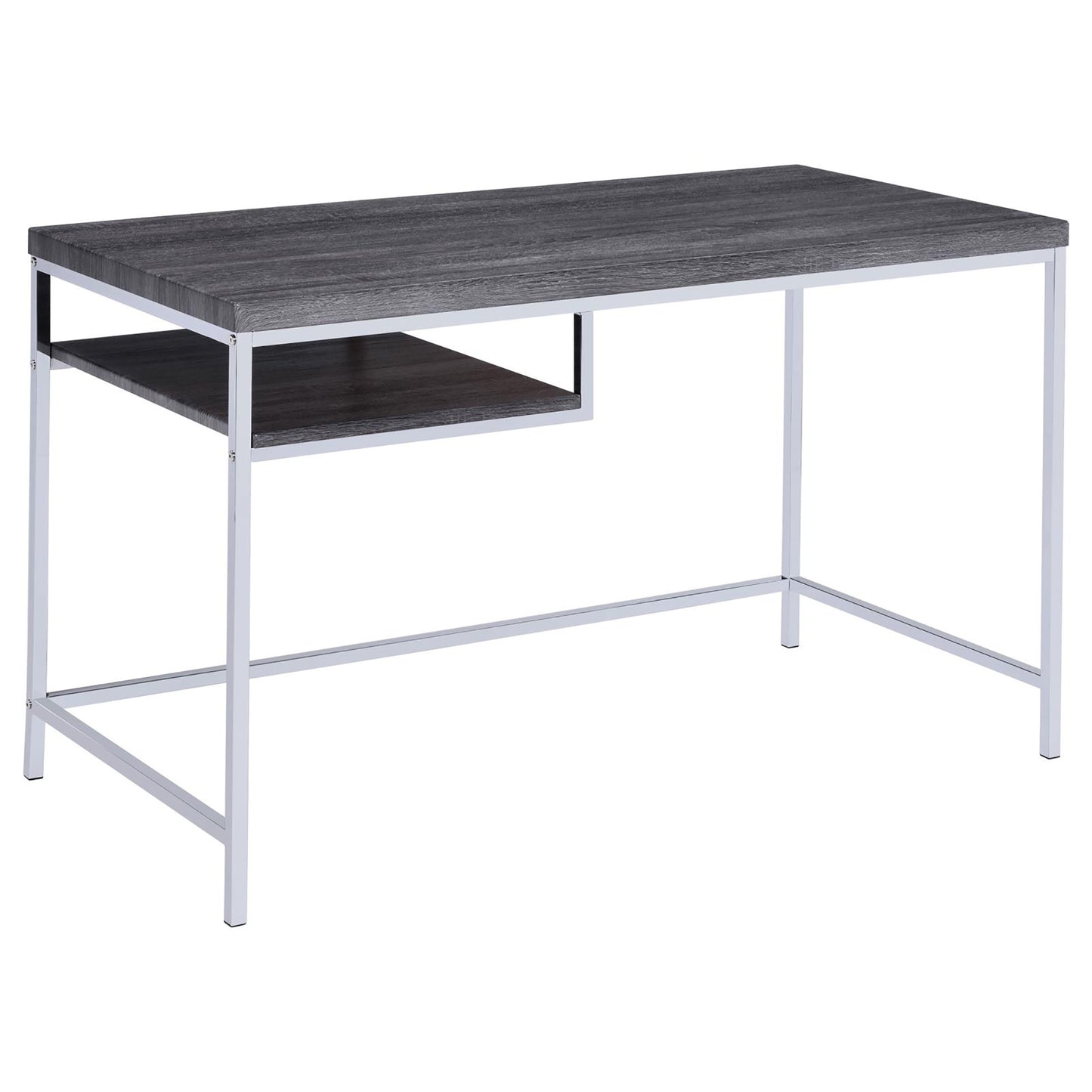 Modern dark wood laminate computer desk with chrome legs and integrated shelf