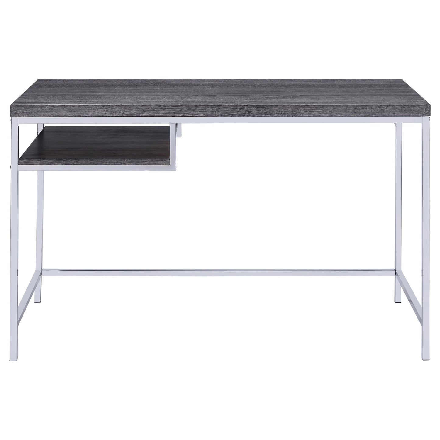 Modern dark grey wood desk with a builtin shelf and chrome legs