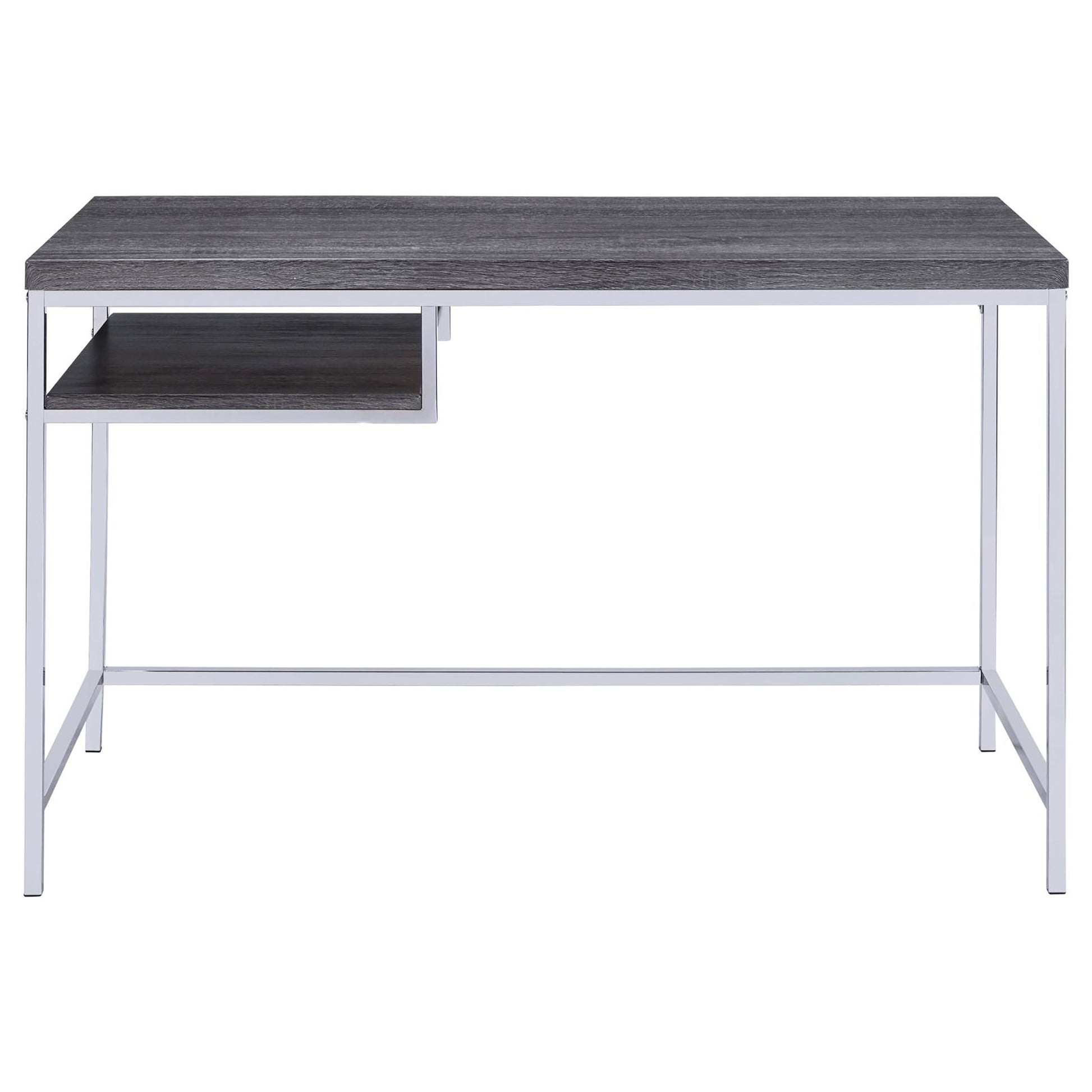 Modern dark grey wood desk with a builtin shelf and chrome legs
