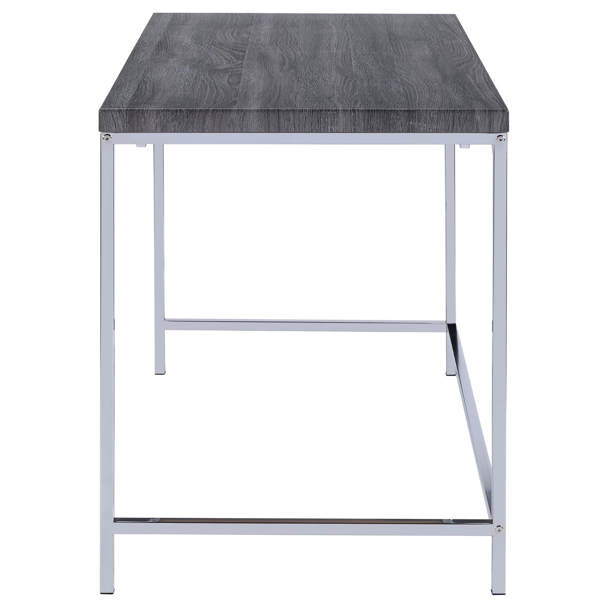 Dark grey wood grain desk with polished chrome legs ideal for modern home offices