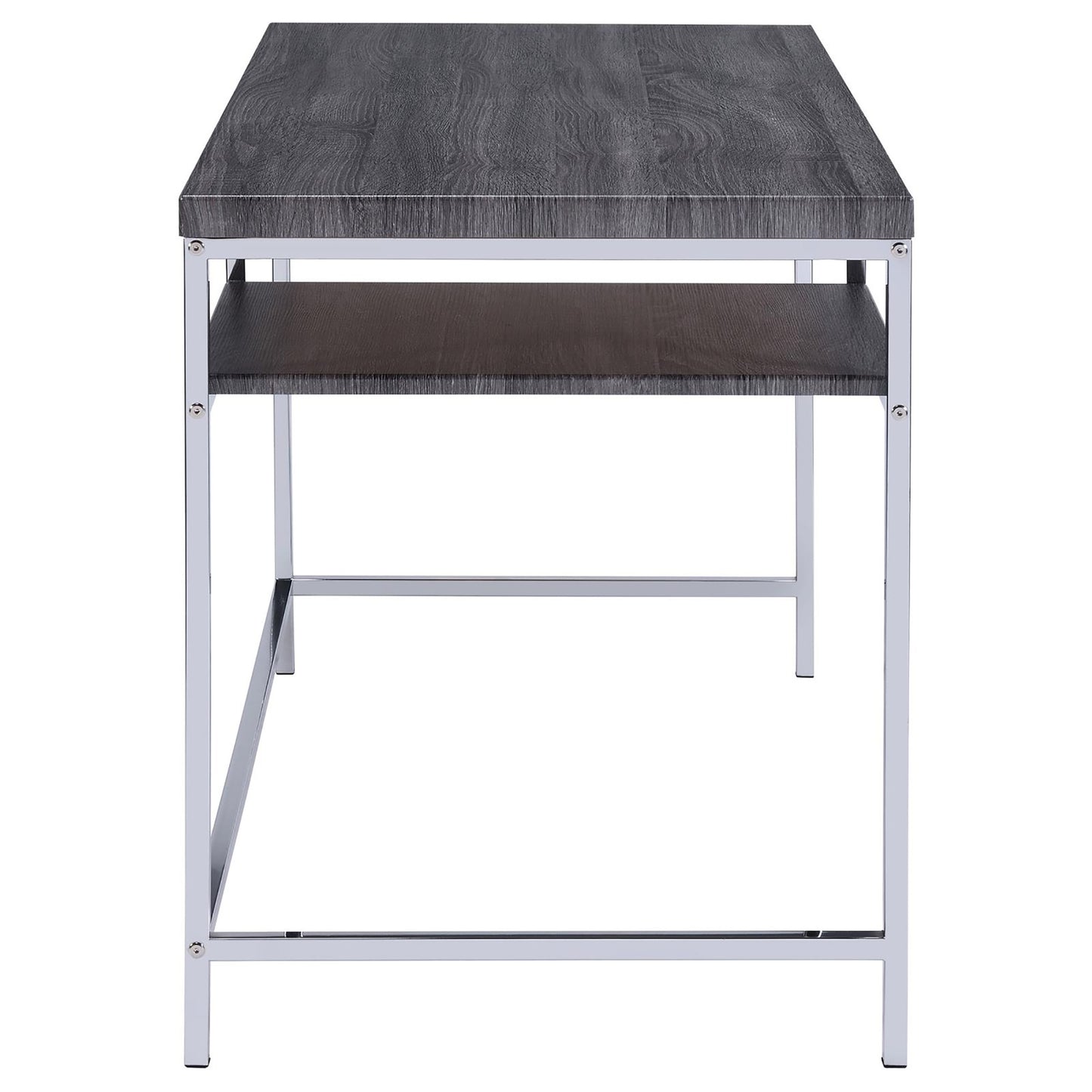 Modern gray wood veneer desk with a sleek silver metal frame and lower shelf