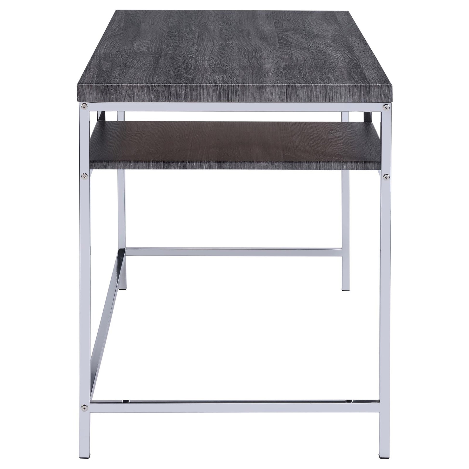 Modern gray wood veneer desk with a sleek silver metal frame and lower shelf