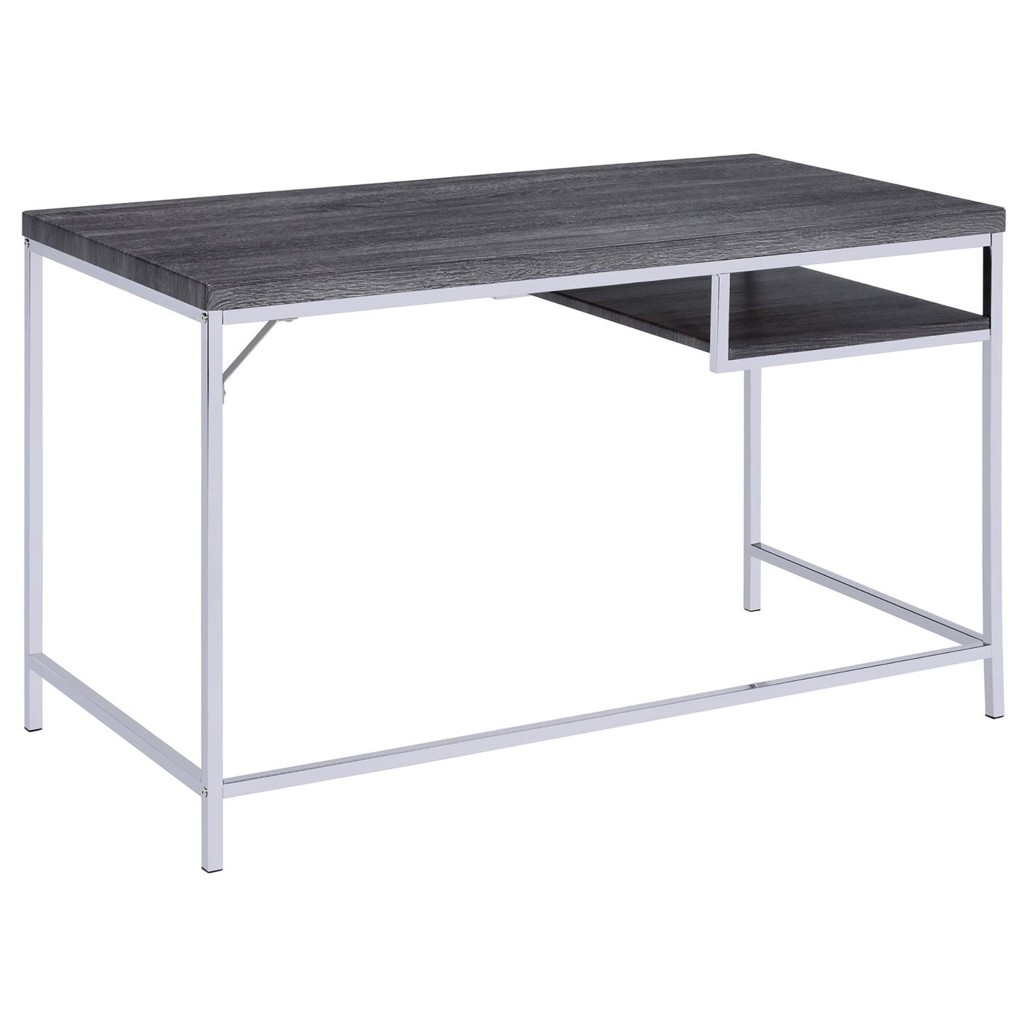 Dark gray wood grain desk with a sleek chrome frame and a builtin side shelf