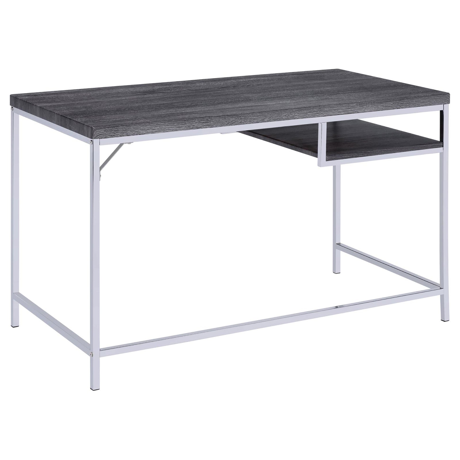 Dark gray wood grain desk with a sleek chrome frame and a builtin side shelf