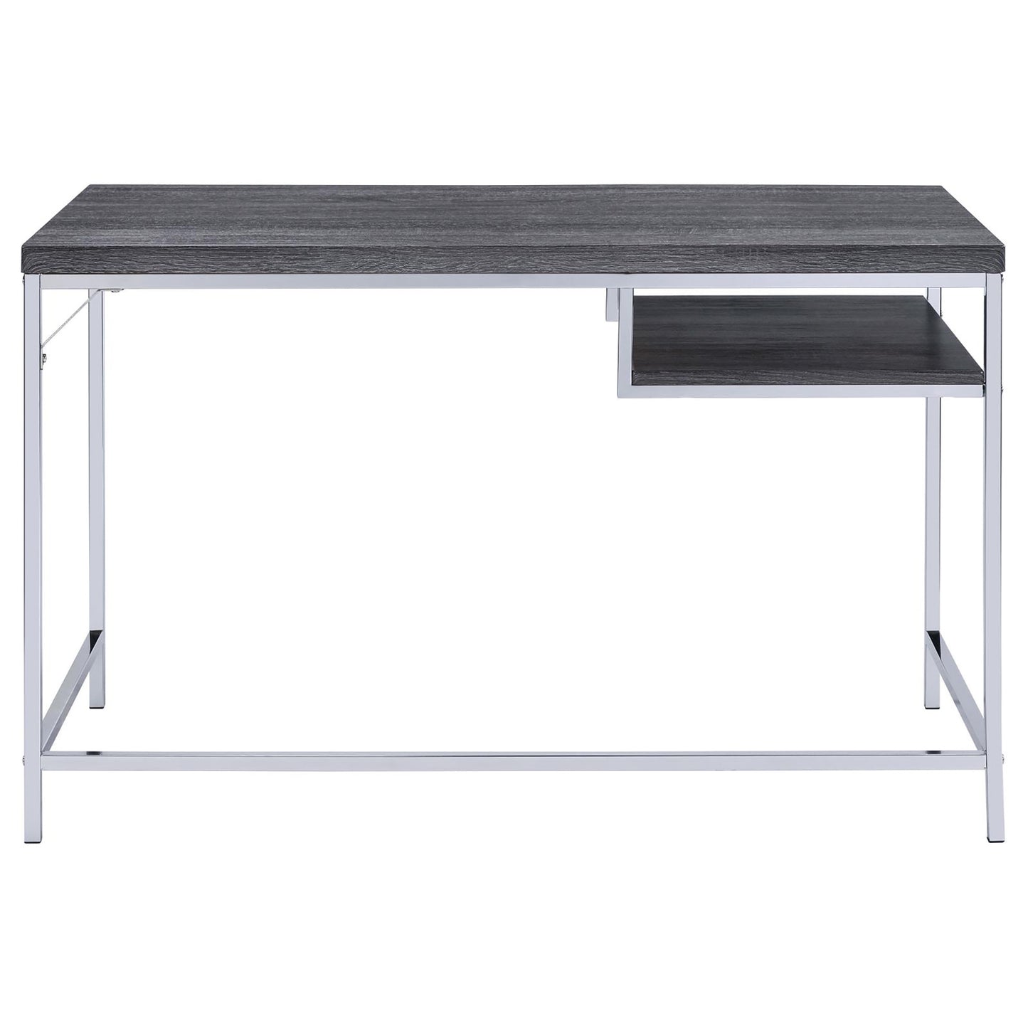 Dark grey wood grain desk with a builtin shelf and chrome legs