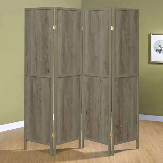 Fourpanel grey wood grain room divider with metal frame perfect for creating privacy