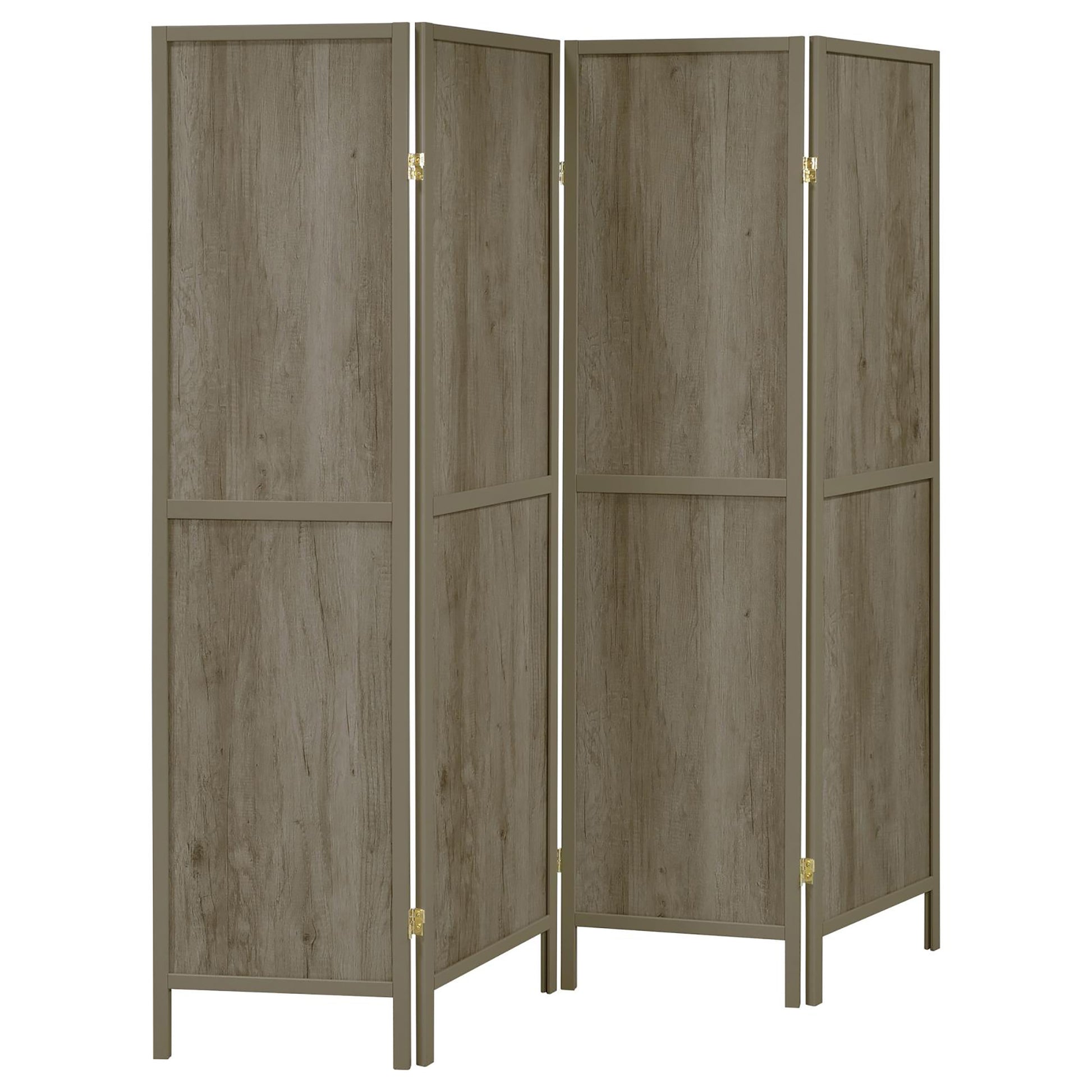 Fourpanel room divider with a gray wood grain finish and dark metal frame