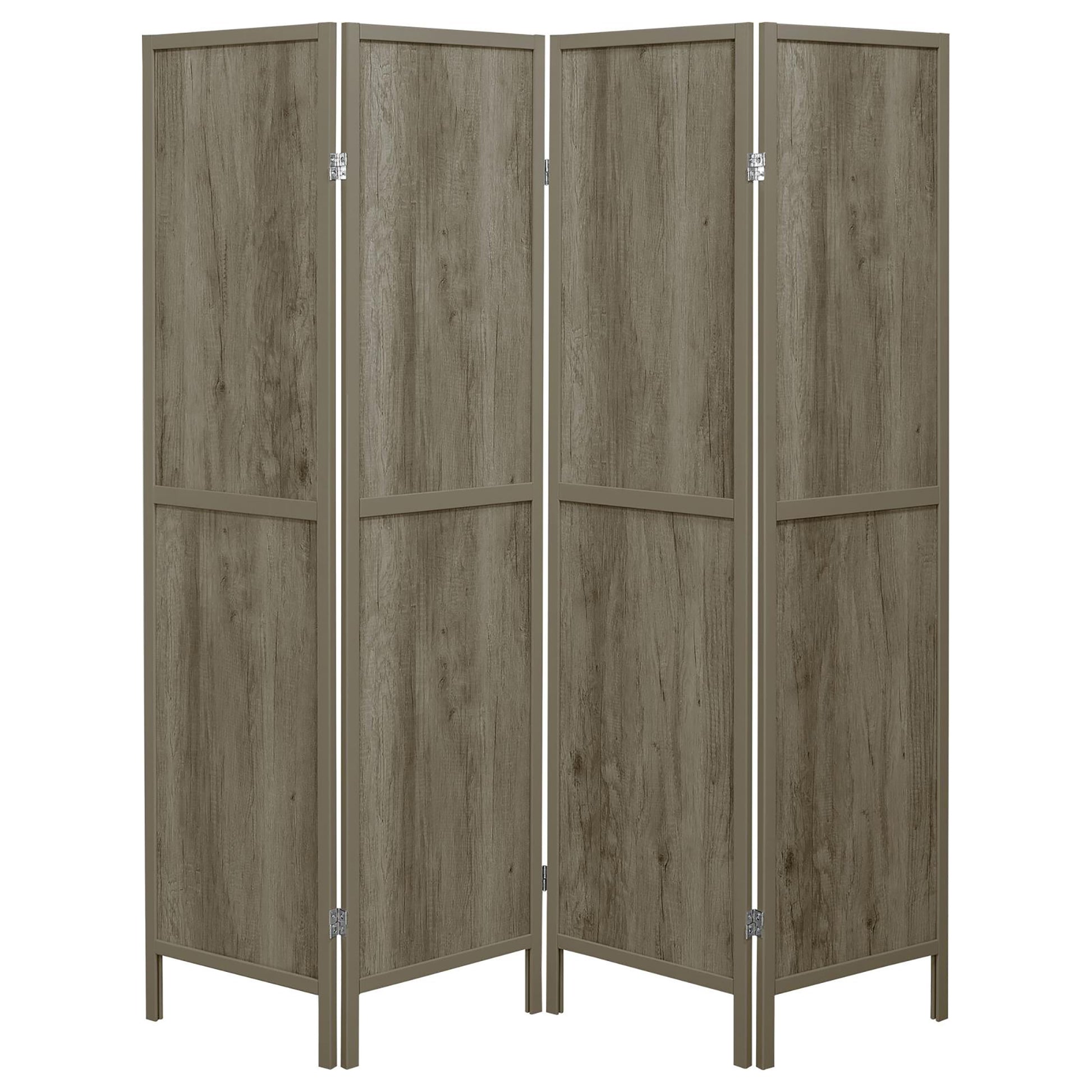 Fourpanel room divider with rustic gray wood grain texture and dark bronze metal frame