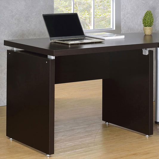 Dark brown modern computer desk with silver accents and laptop