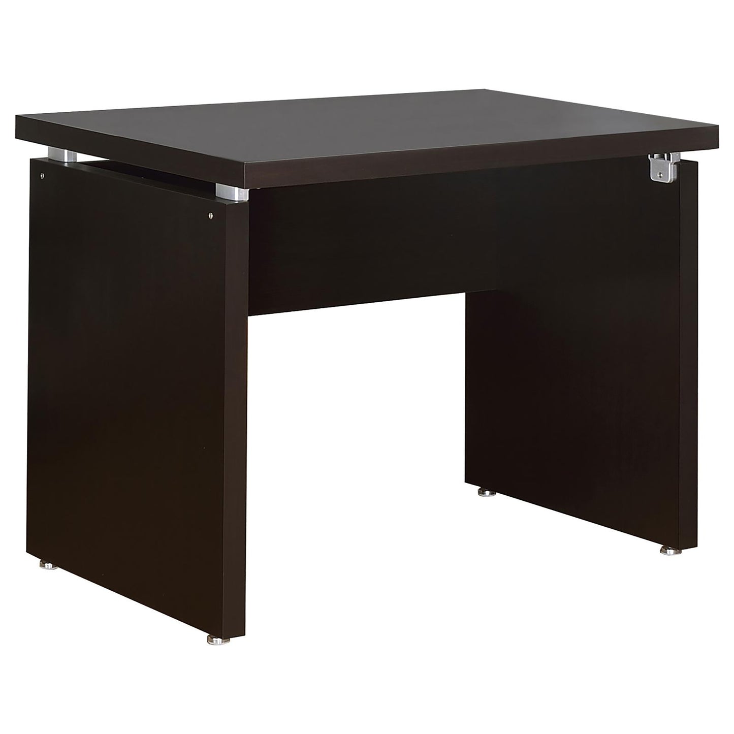 Dark brown modern desk with sleek silver accents for home office use