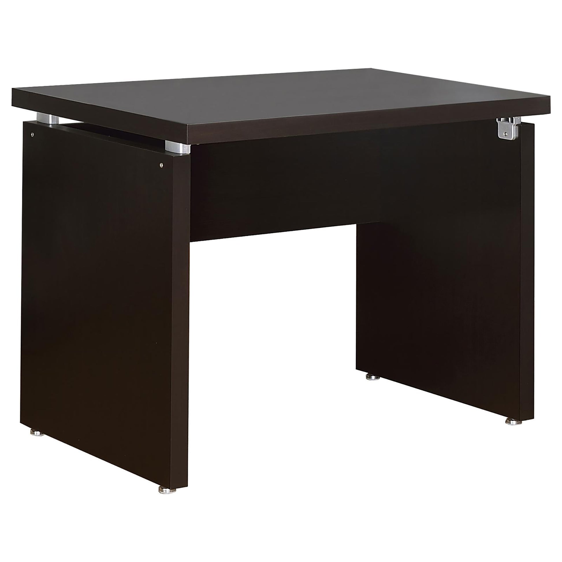 Dark brown modern desk with sleek silver accents for home office use