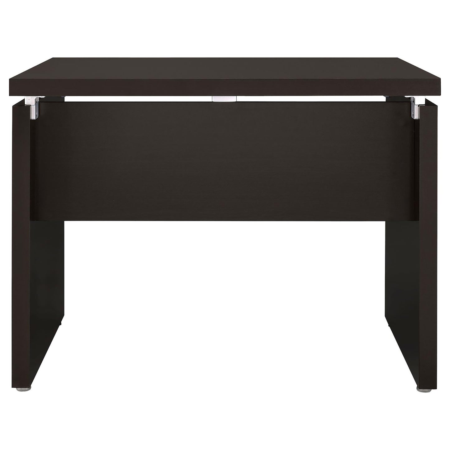 Dark brown contemporary wooden desk with clean lines and metal accents