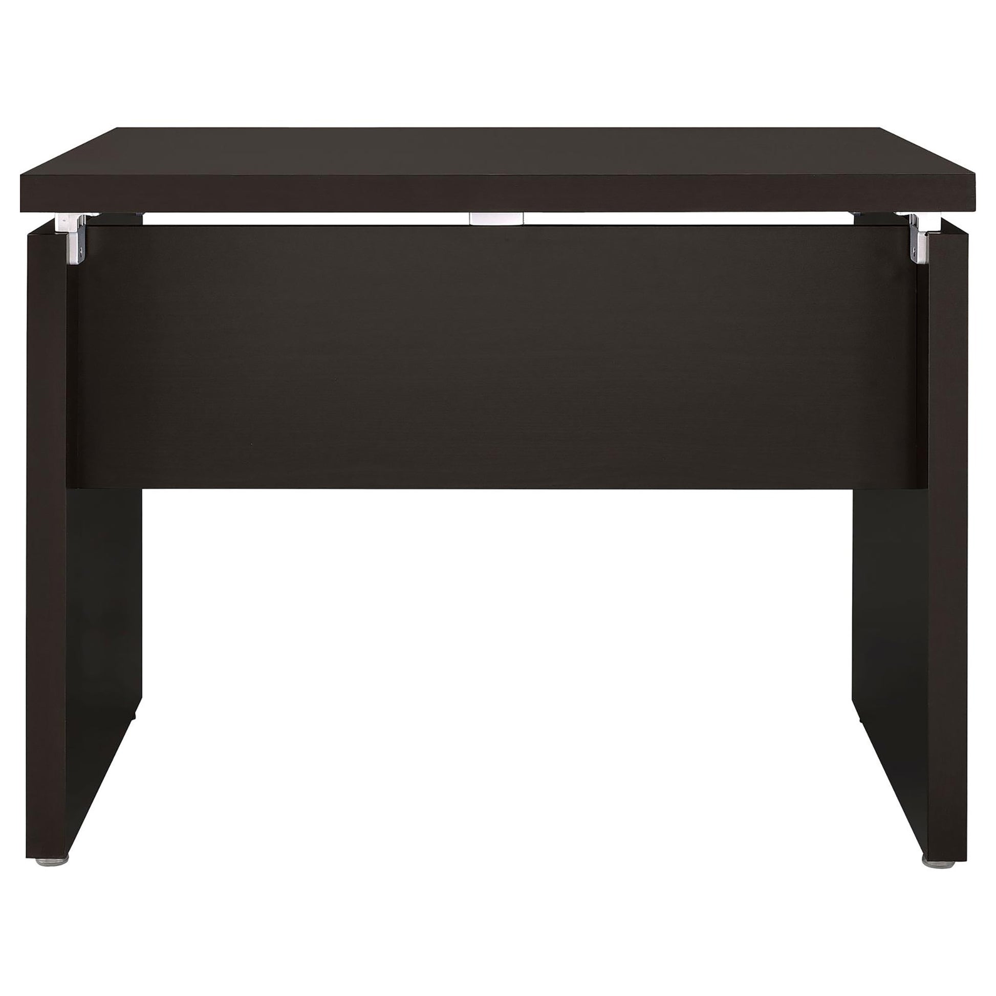 Dark brown contemporary wooden desk with clean lines and metal accents