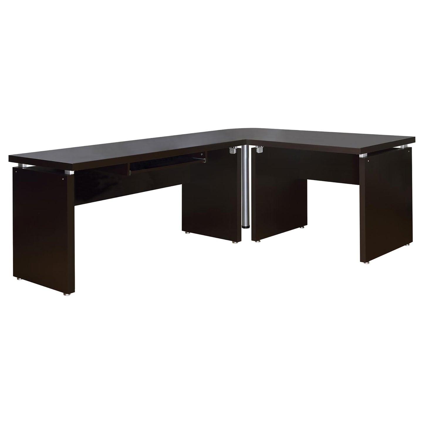 Dark brown Lshaped desk with metal accents and minimal design perfect for executive offices