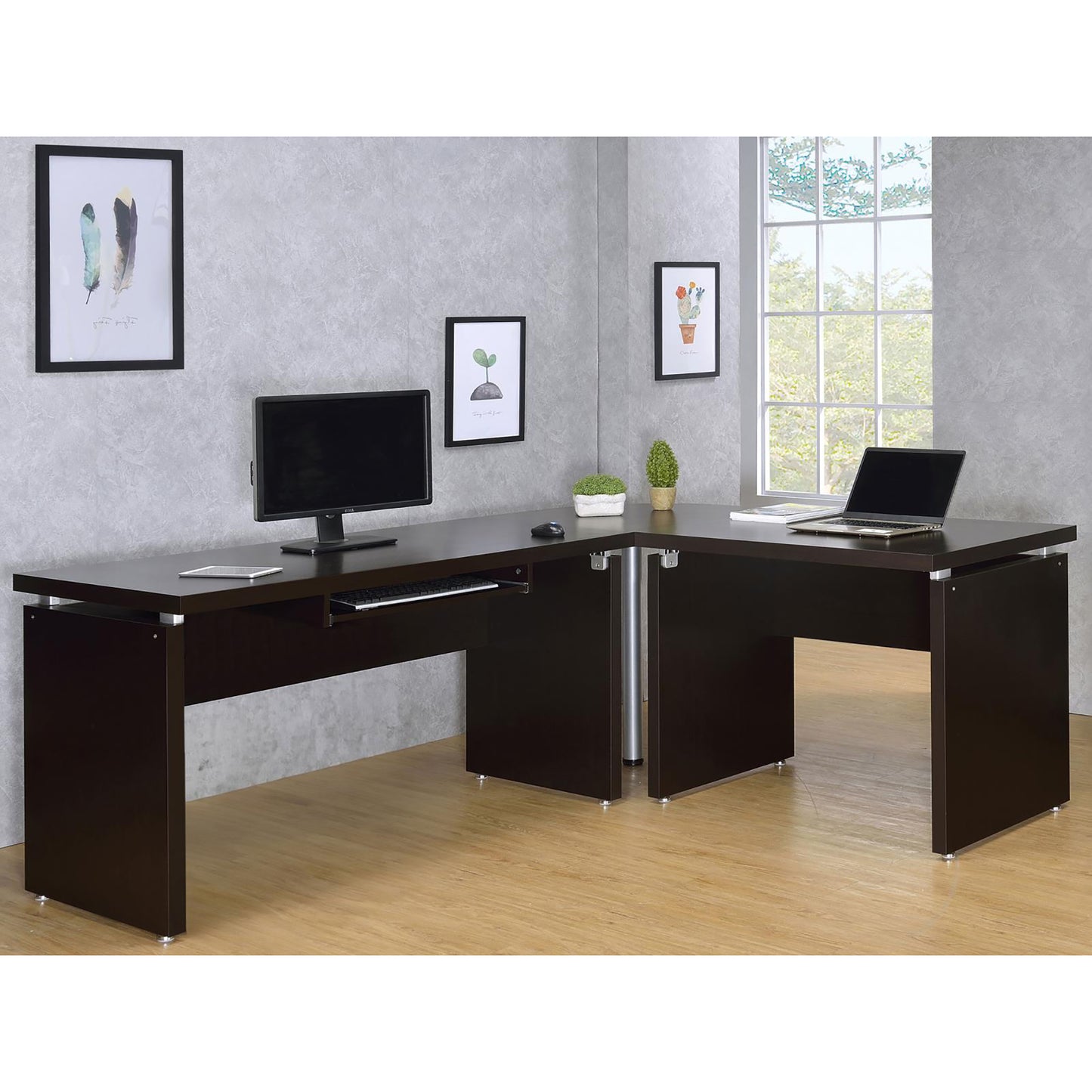 Espresso Lshaped desk with a sliding keyboard tray and silver accents