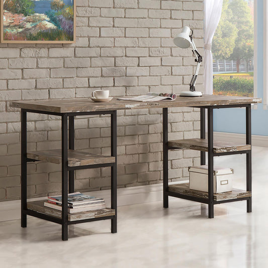 Distressed wood and metal desk with integrated shelving for storage