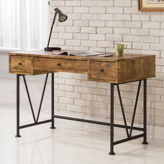 Rustic brown wood desk with three drawers and black metal legs perfect for home office