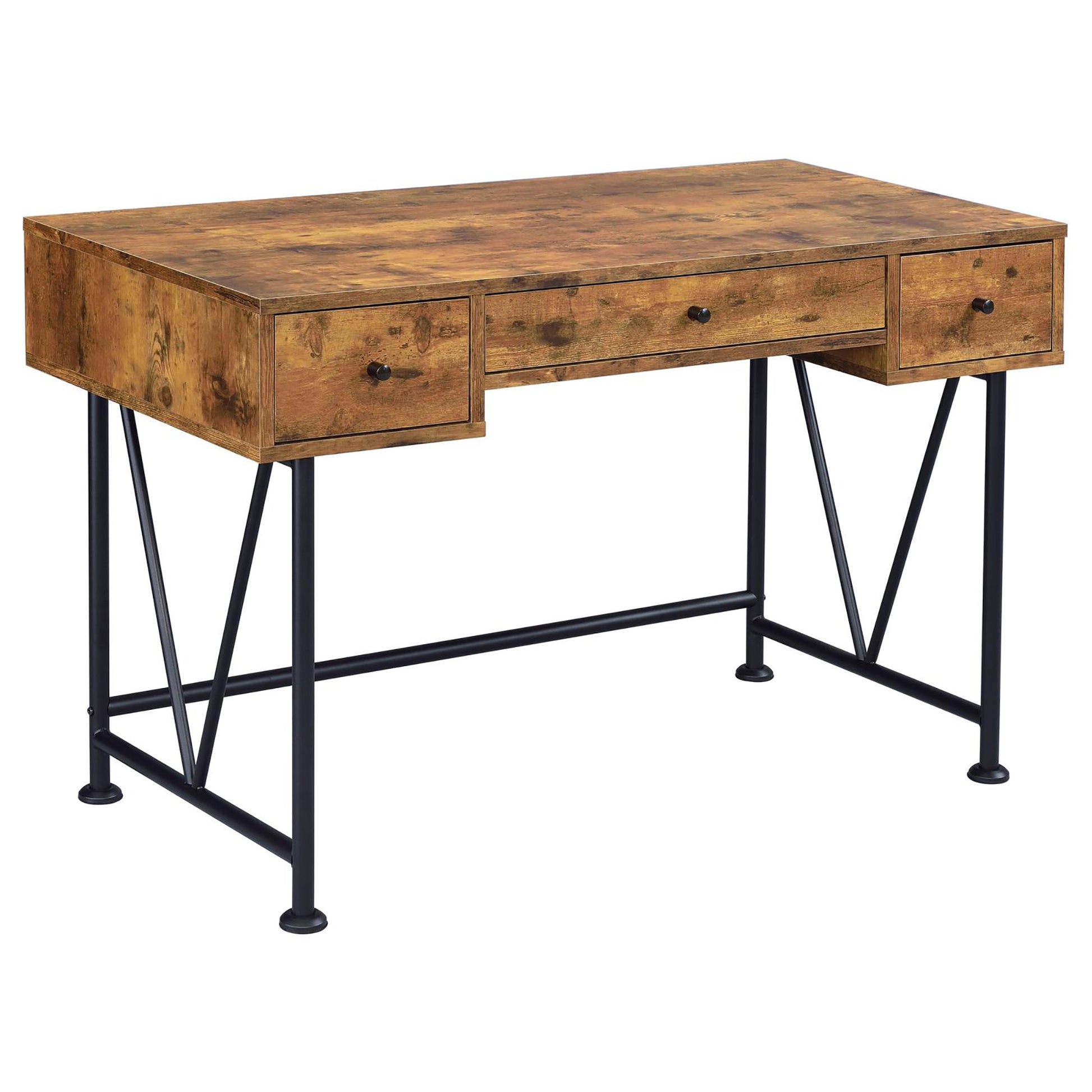 Rustic wood writing desk with three drawers and black metal legs
