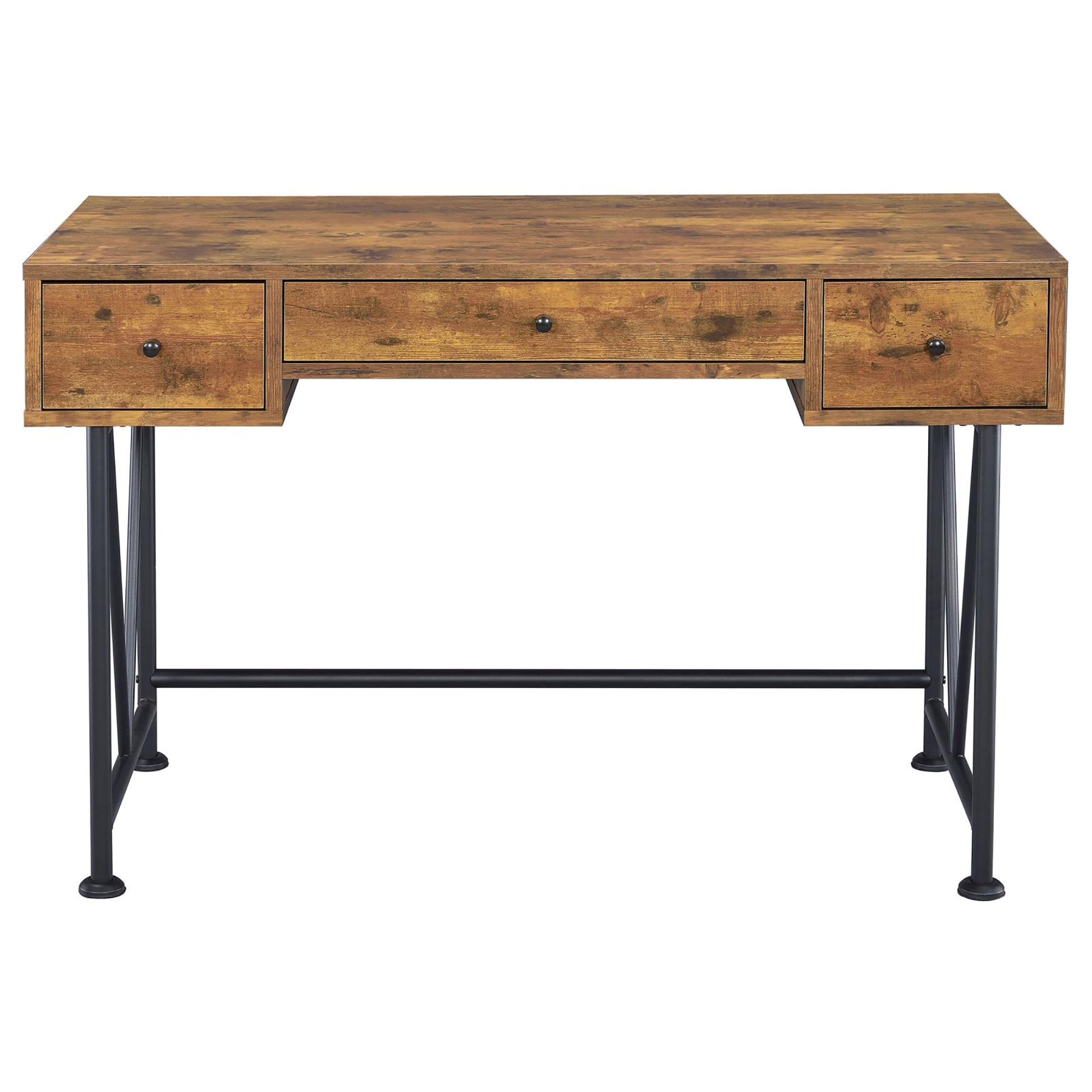 Rustic brown wooden desk with three drawers and black metal legs perfect for a home office