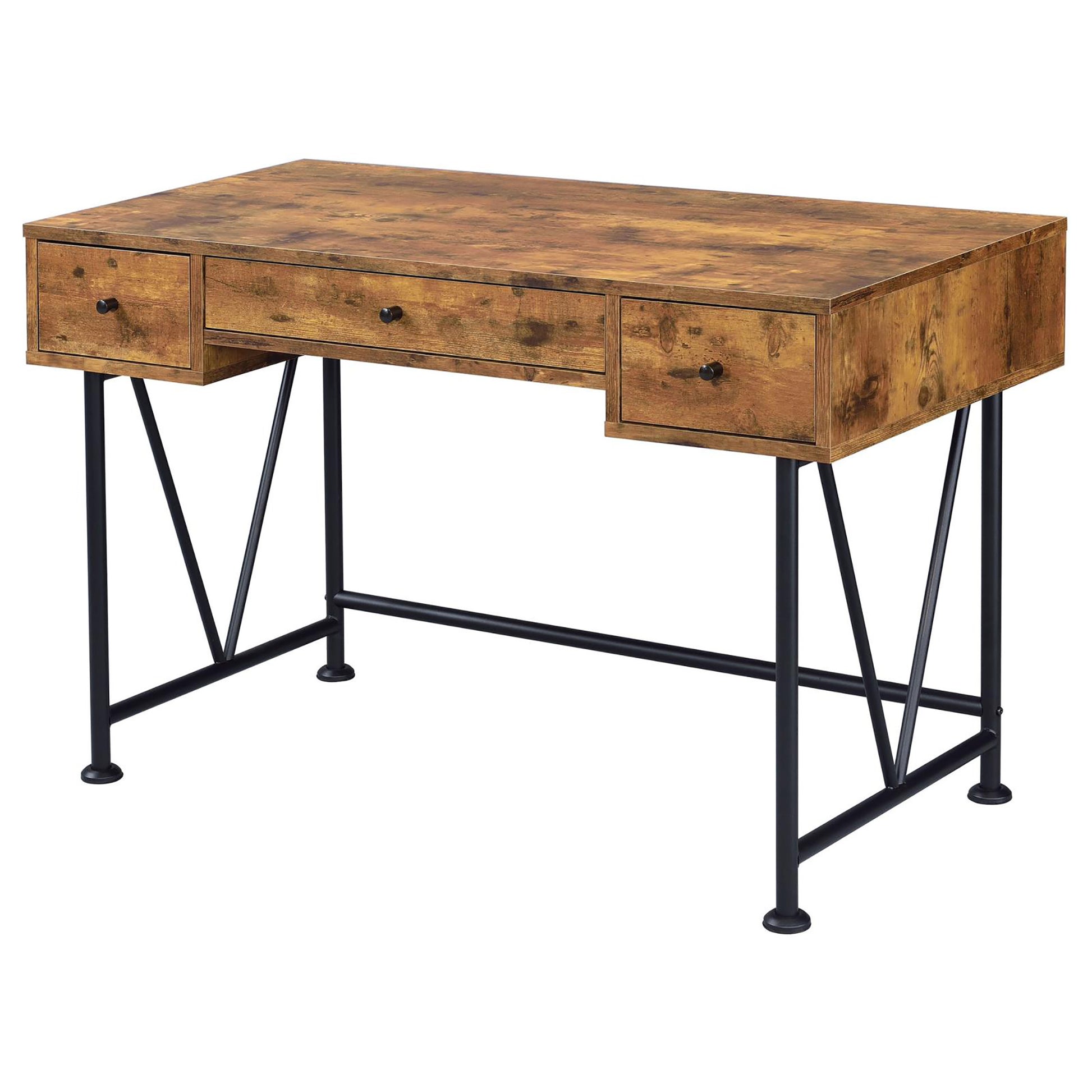 Rustic brown wood computer desk with three drawers and black metal legs for home office use