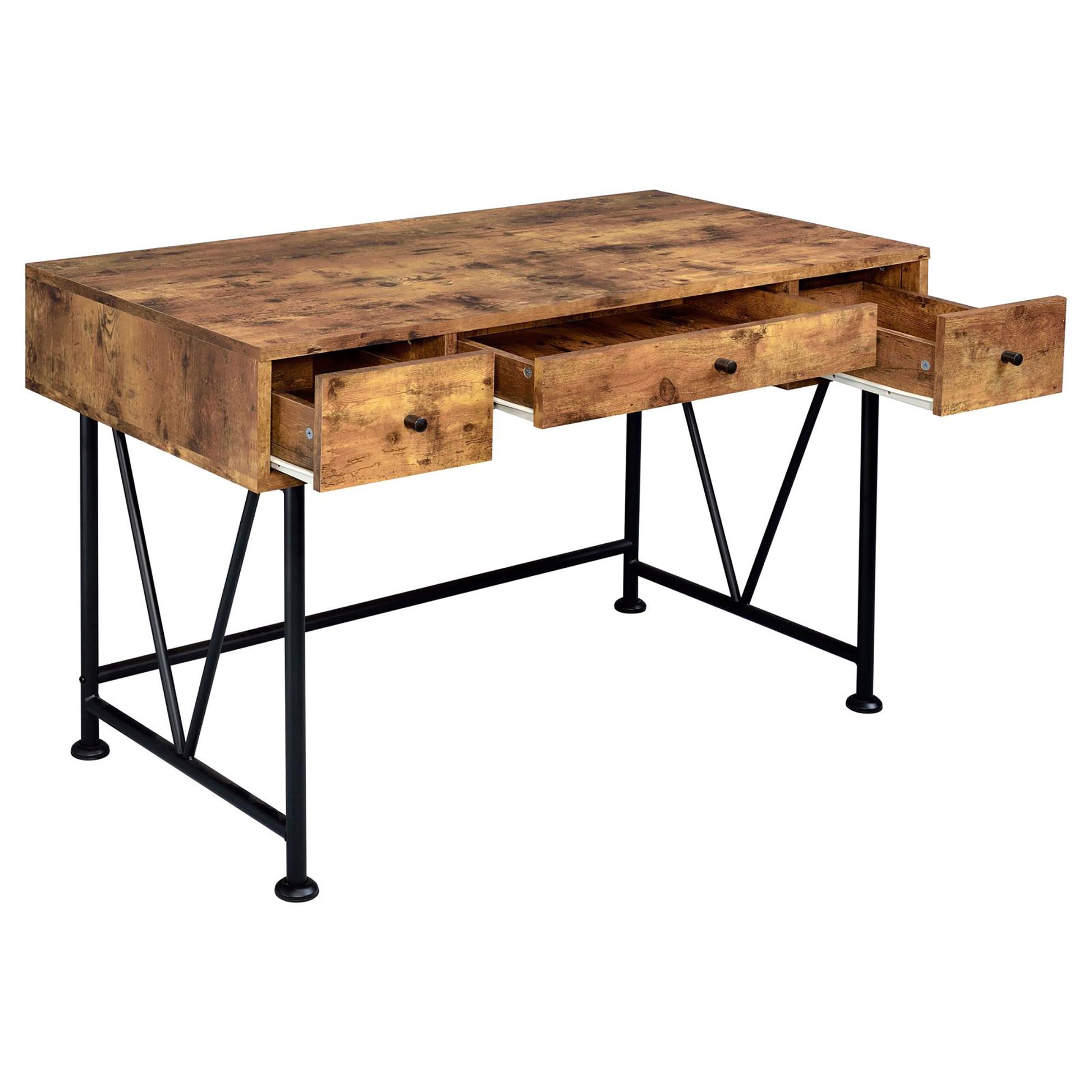 Rustic wood desk with four drawers and black metal legs perfect for home office
